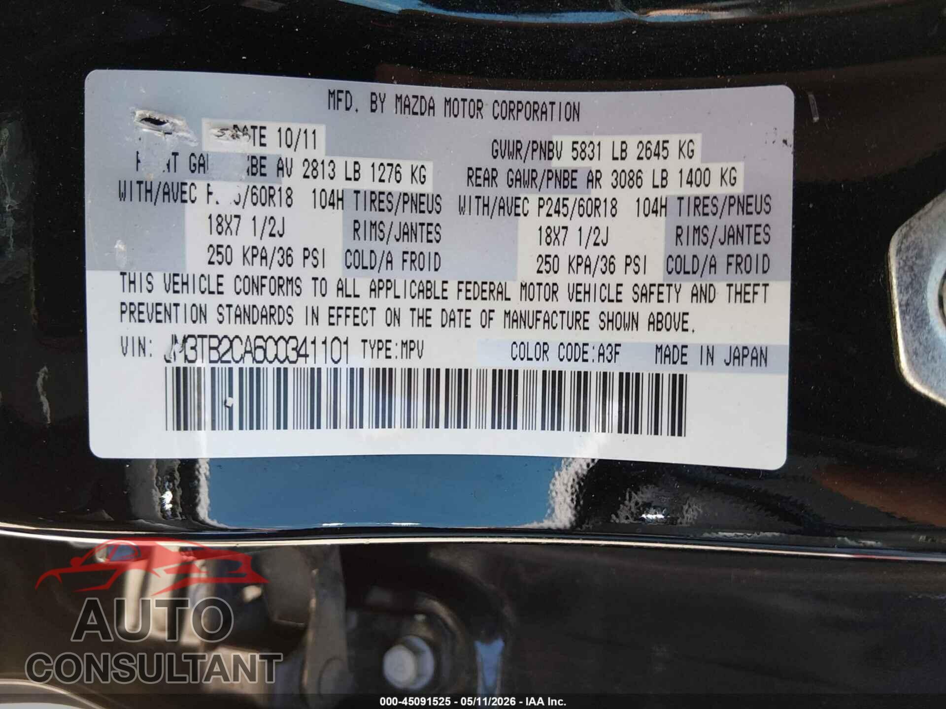 MAZDA CX-9 2012 - JM3TB2CA6C0341101