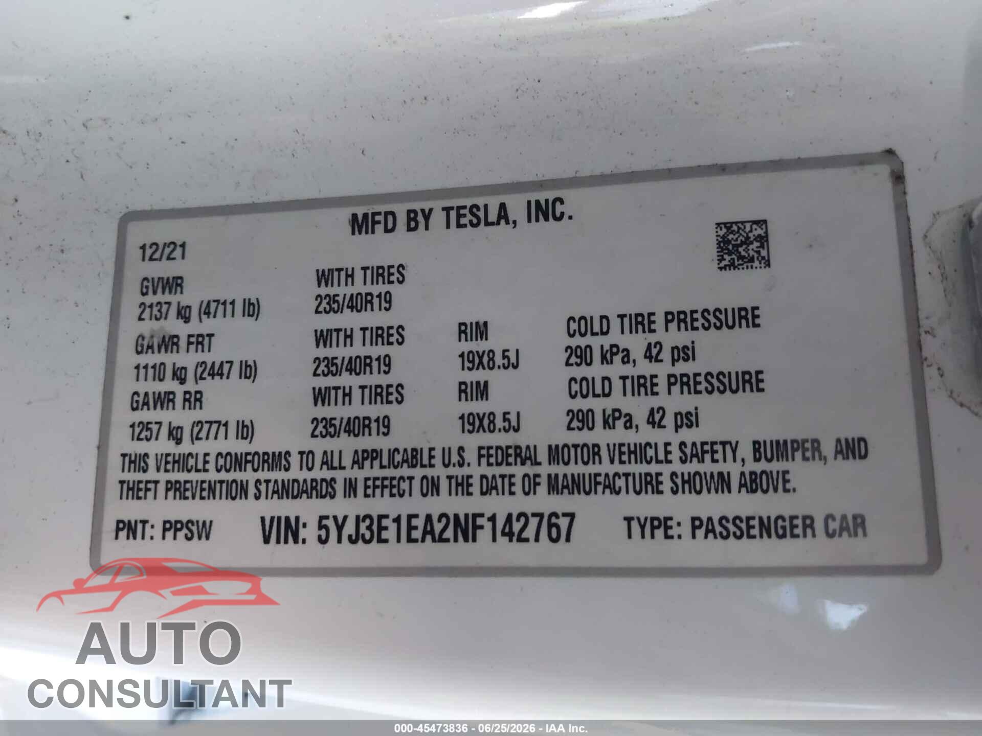 TESLA MODEL 3 2022 - 5YJ3E1EA2NF142767