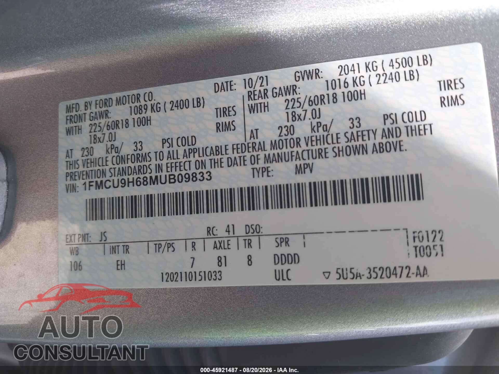 FORD ESCAPE 2021 - 1FMCU9H68MUB09833