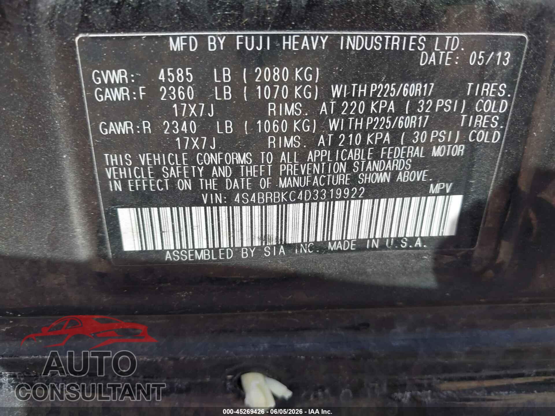 SUBARU OUTBACK 2013 - 4S4BRBKC4D3319922
