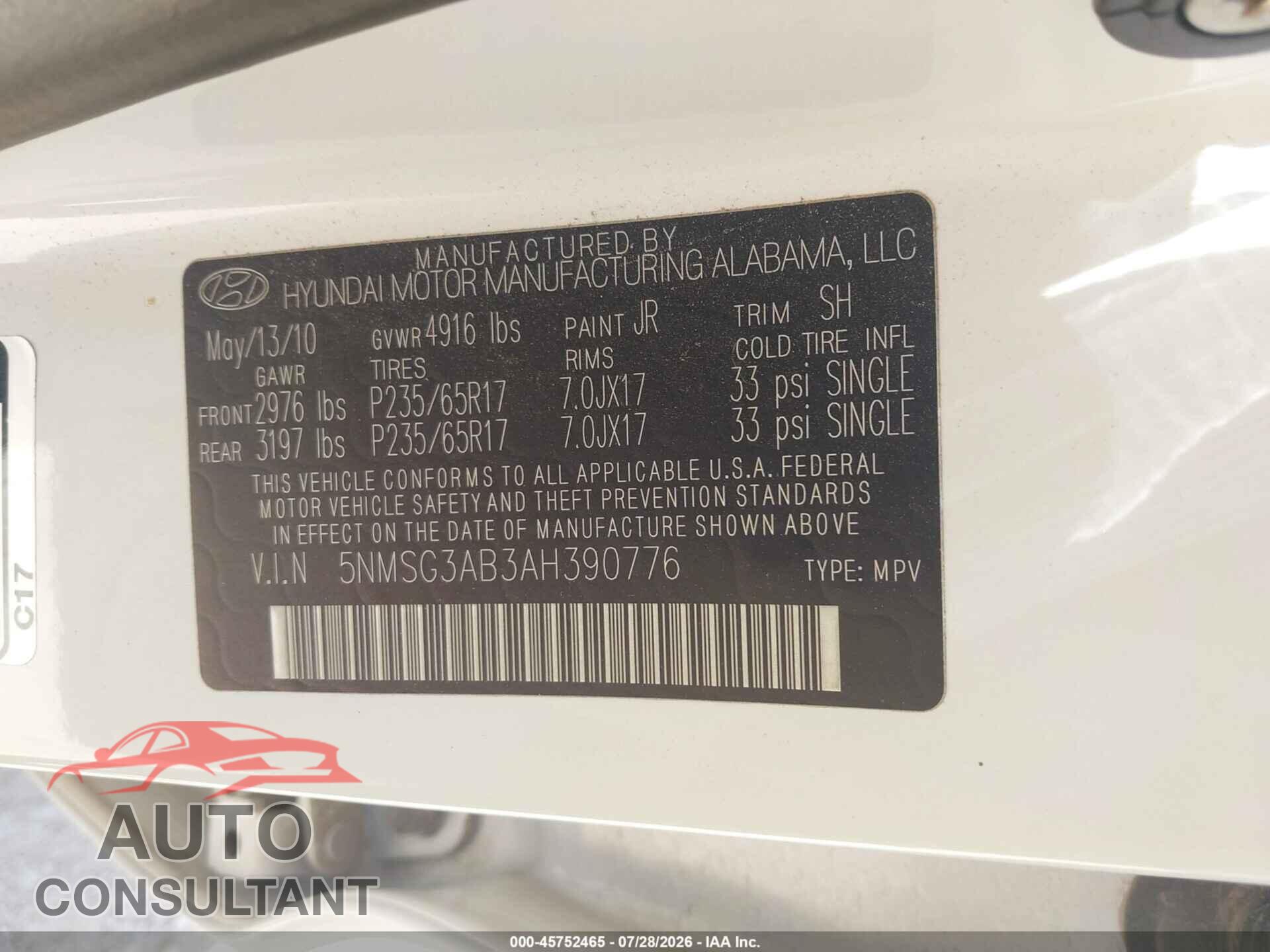 HYUNDAI SANTA FE 2010 - 5NMSG3AB3AH390776