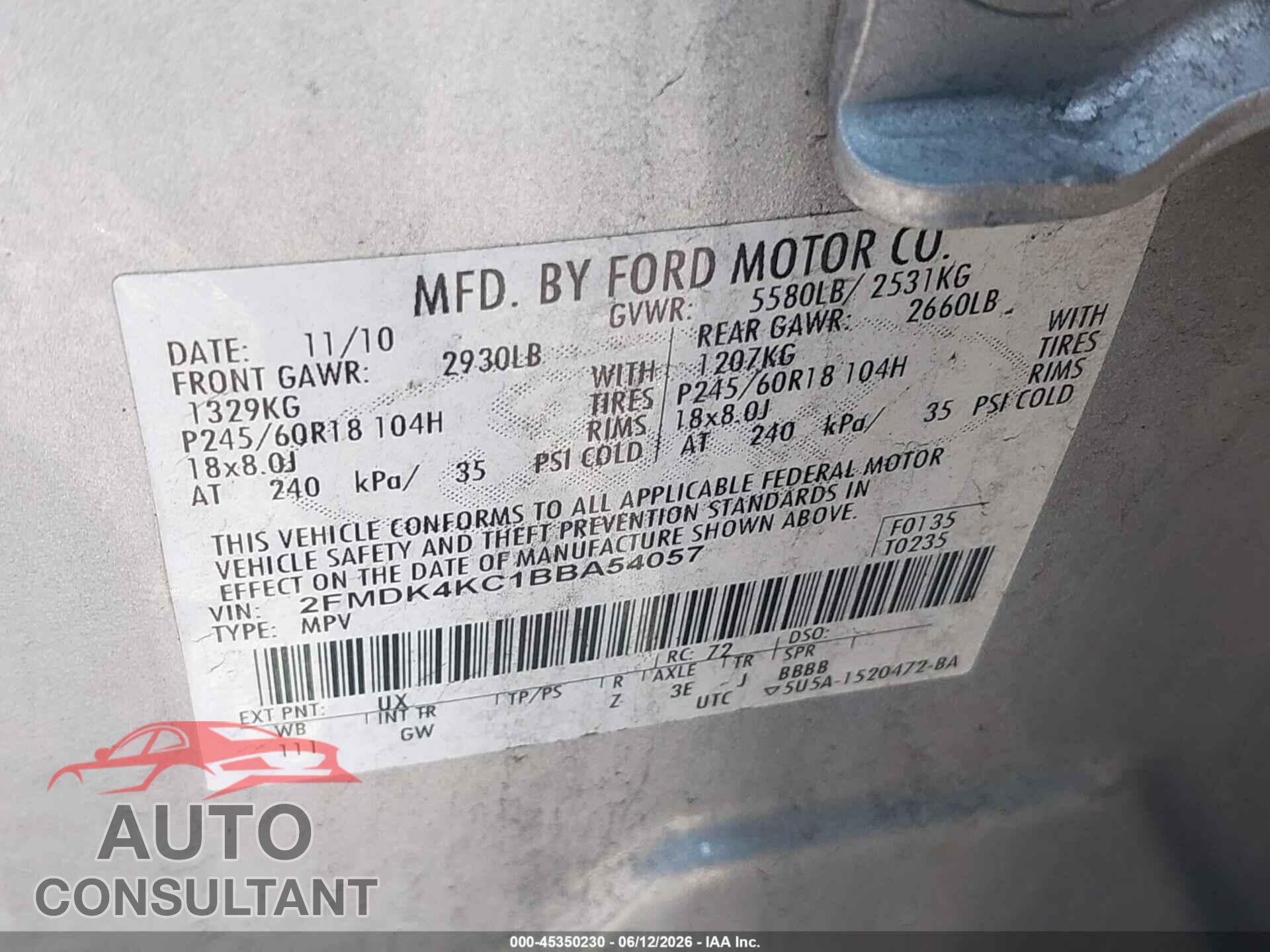 FORD EDGE 2011 - 2FMDK4KC1BEA54057