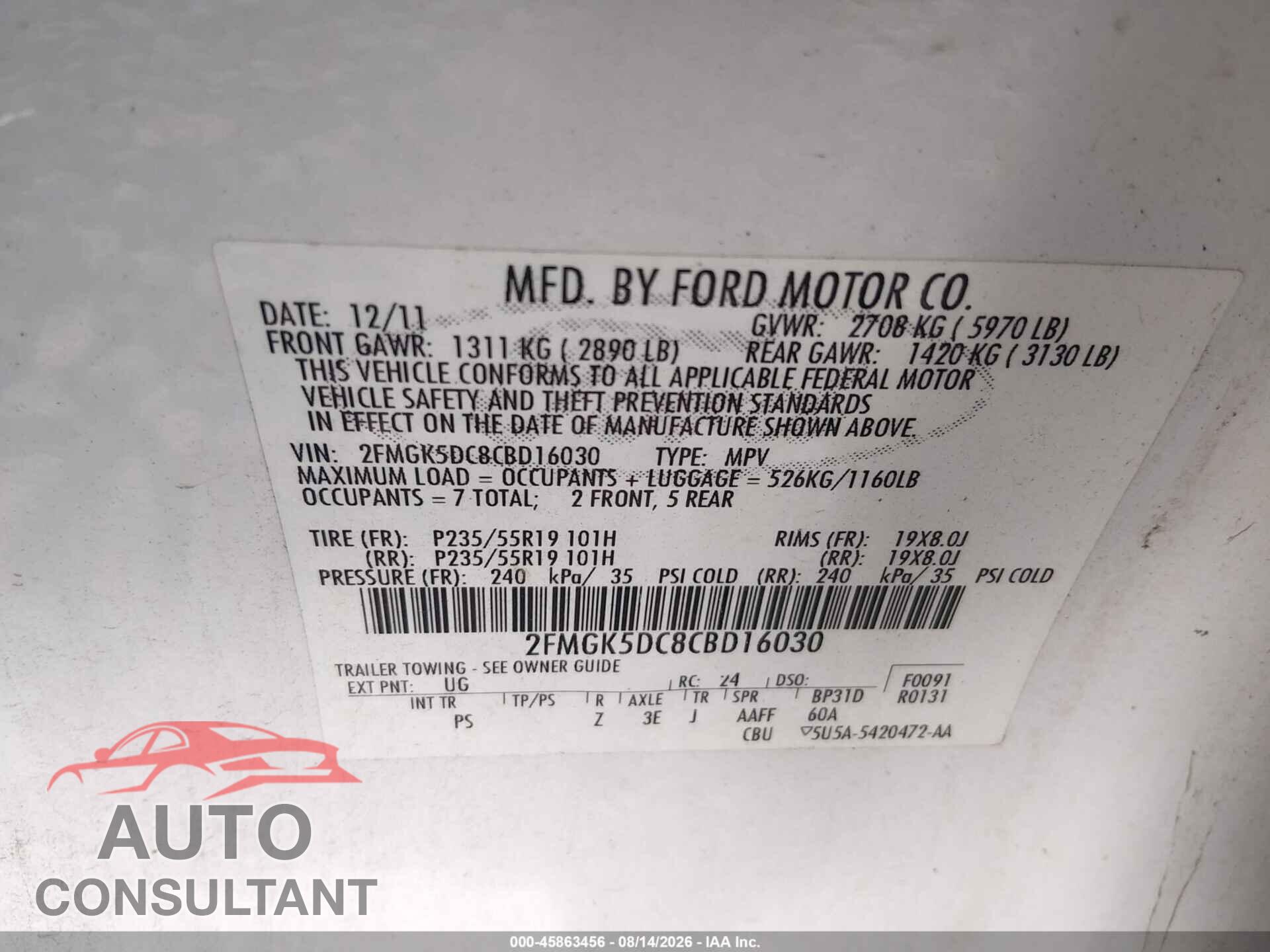 FORD FLEX 2012 - 2FMGK5DC8CBD16030