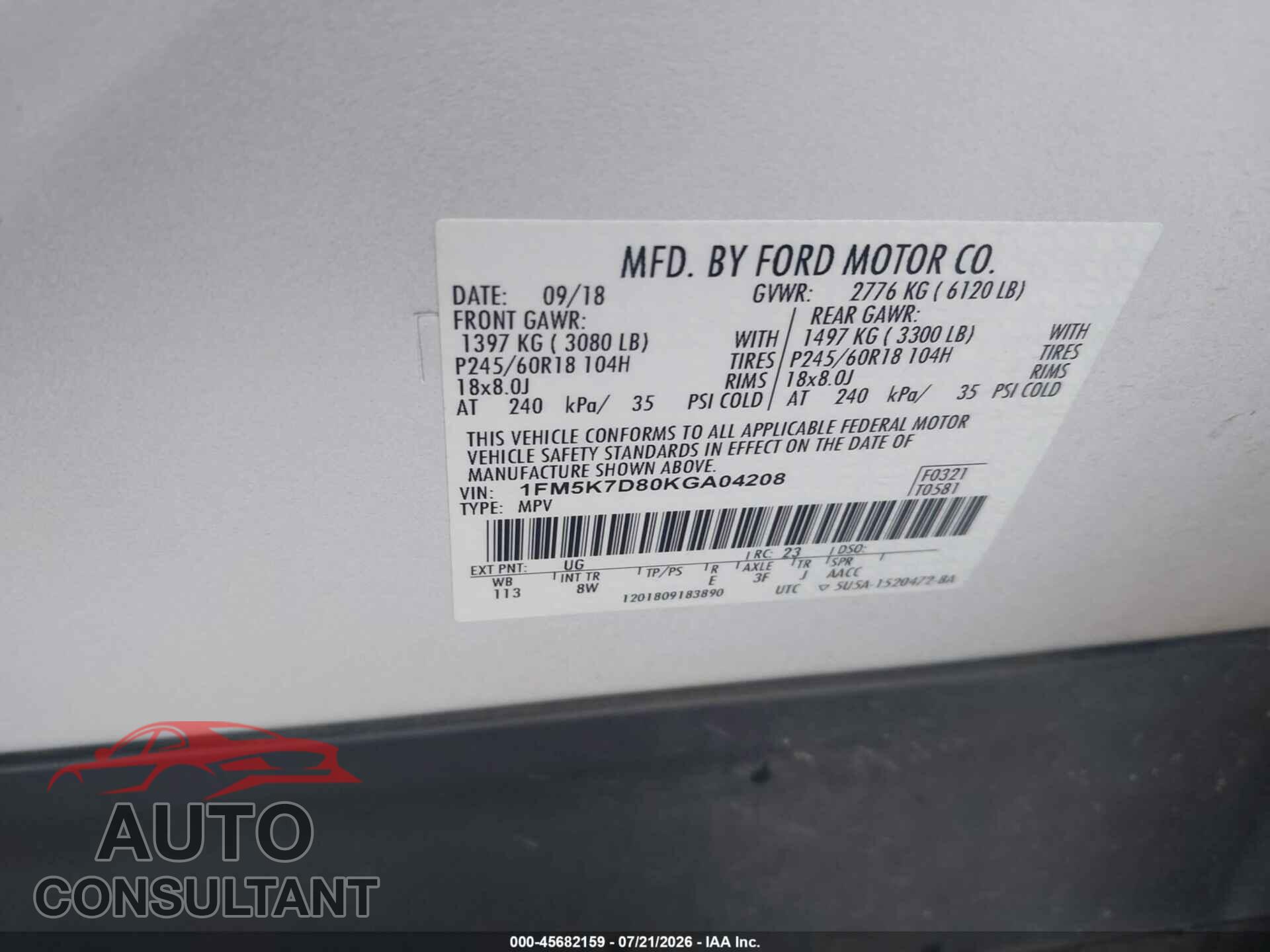 FORD EXPLORER 2019 - 1FM5K7D80KGA04208