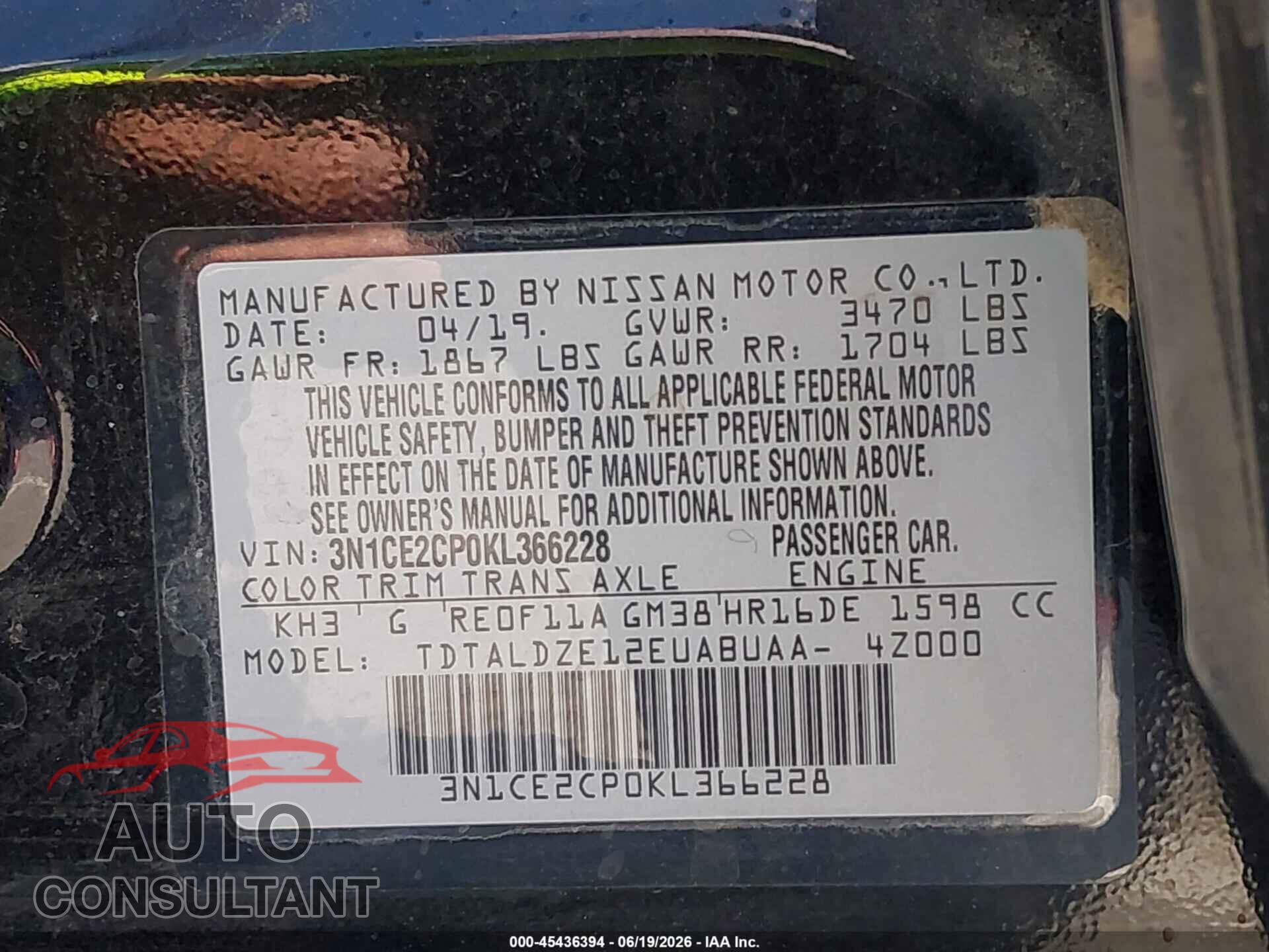 NISSAN VERSA NOTE 2019 - 3N1CE2CP0KL366228