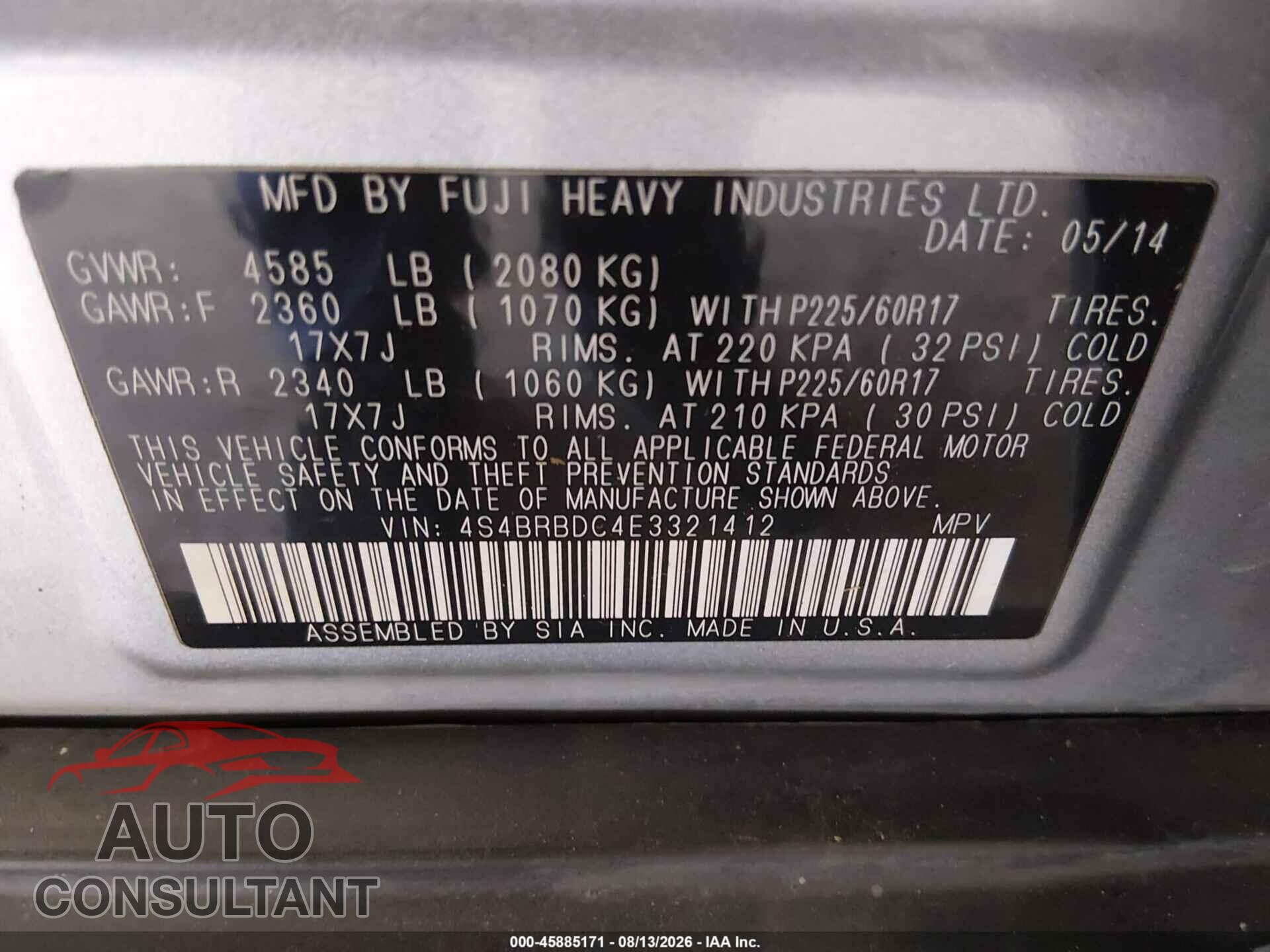 SUBARU OUTBACK 2014 - 4S4BRBDC4E3321412