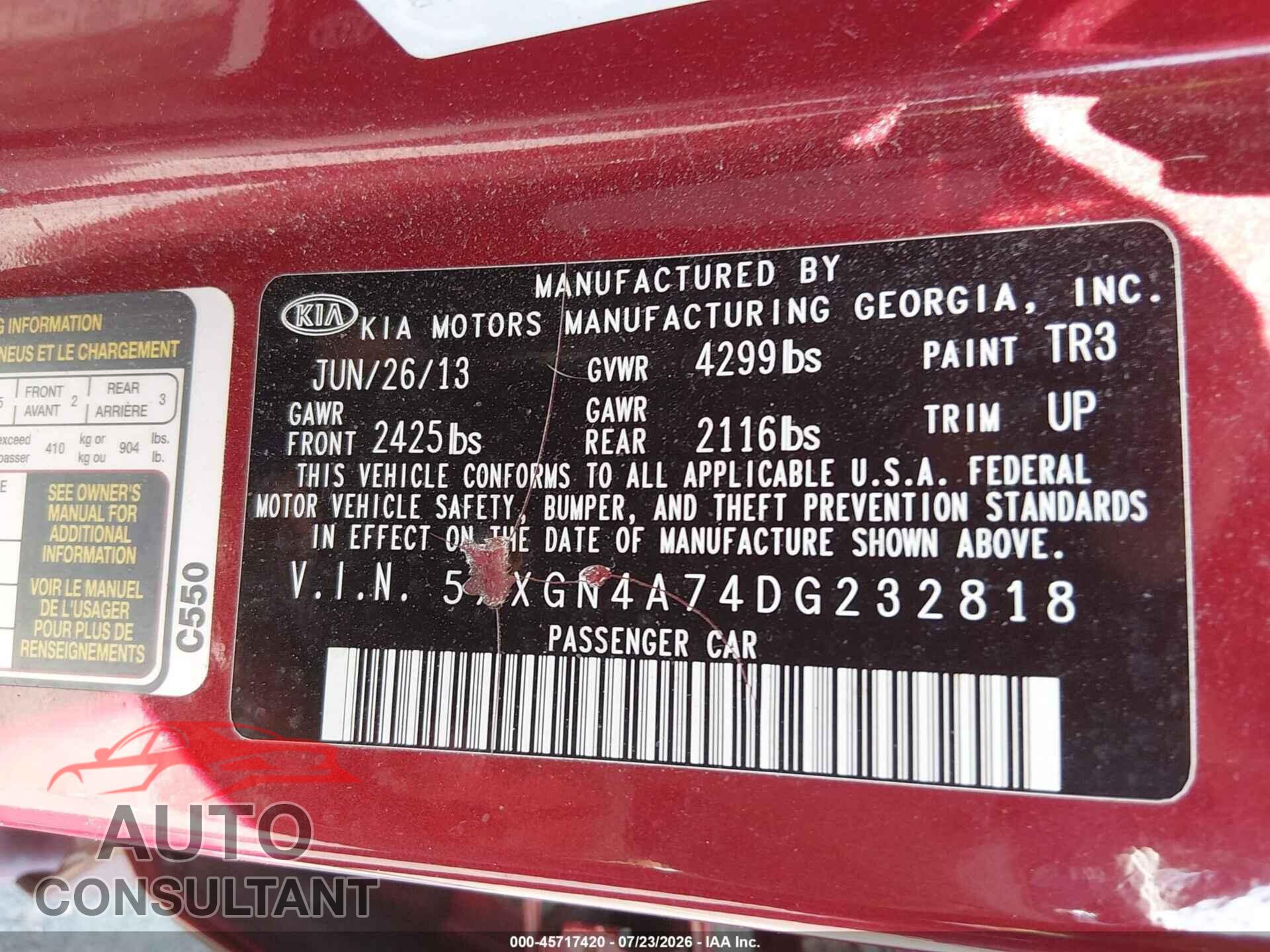 KIA OPTIMA 2013 - 5XXGN4A74DG232818