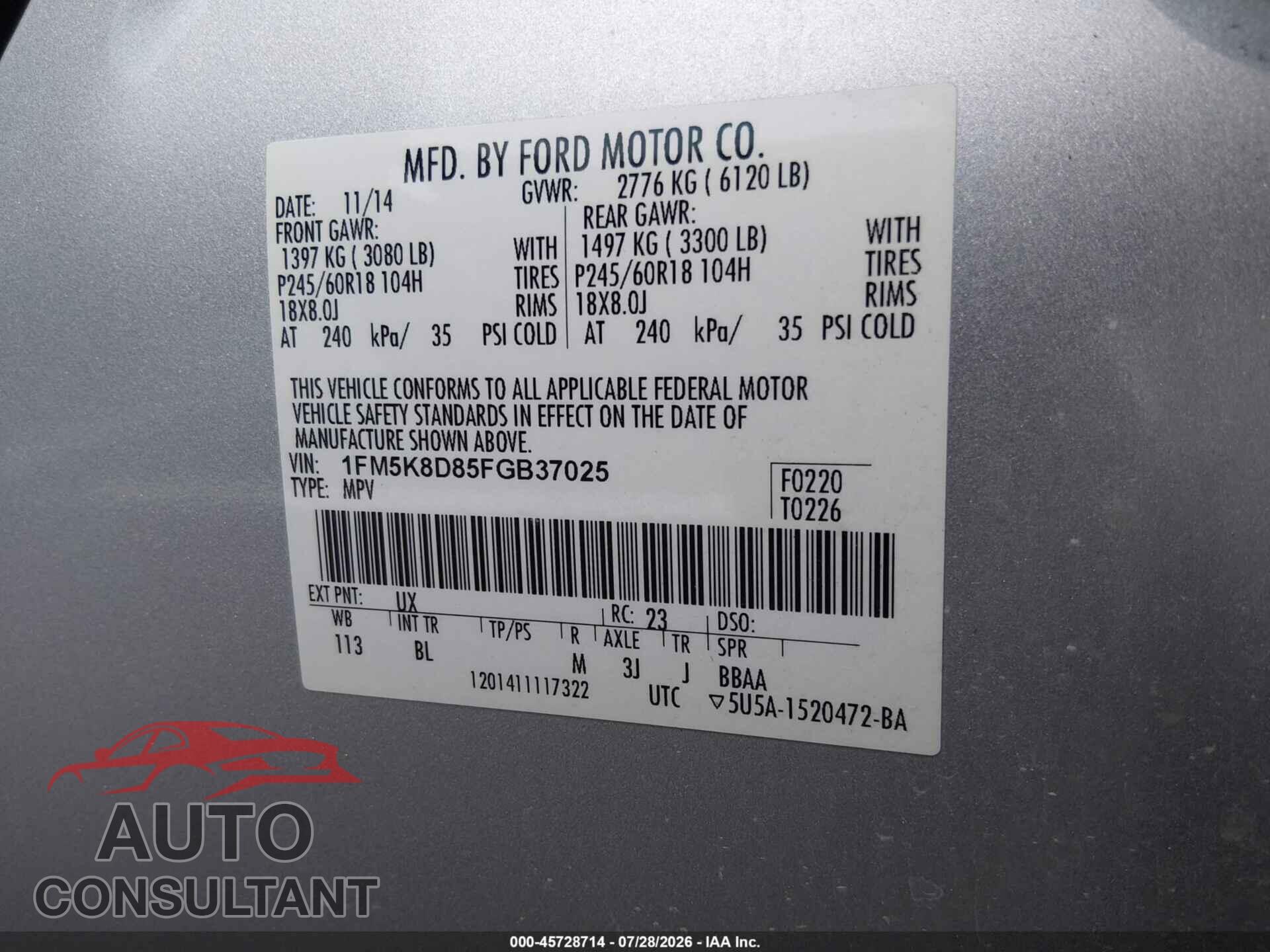 FORD EXPLORER 2015 - 1FM5K8D85FGB37025