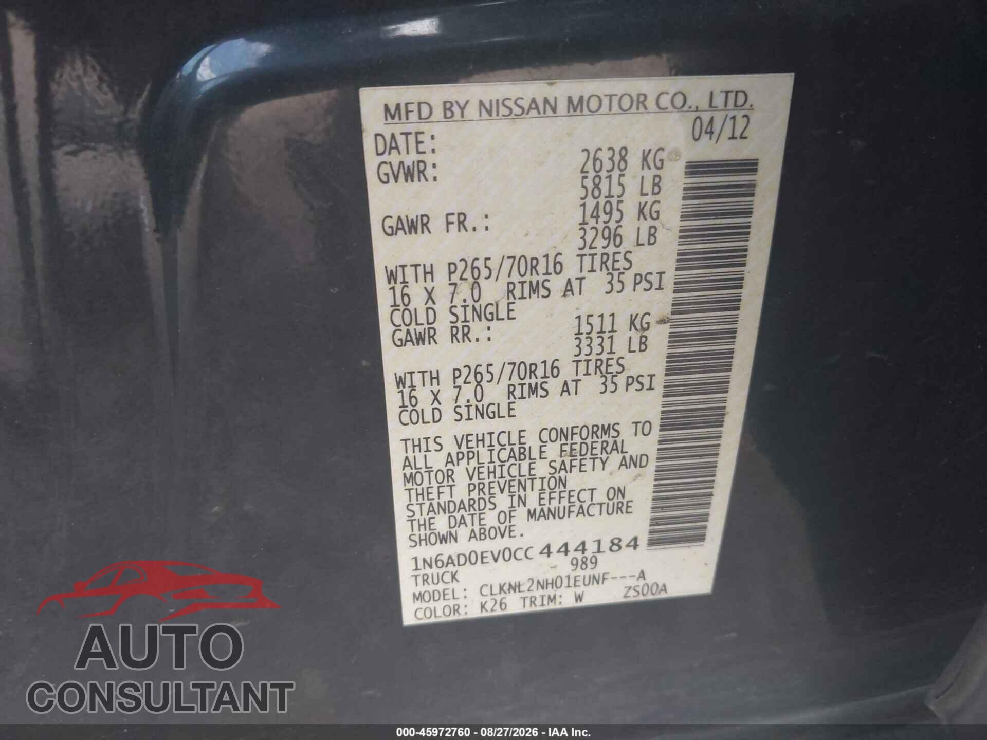 NISSAN FRONTIER 2012 - 1N6AD0EV0CC444184