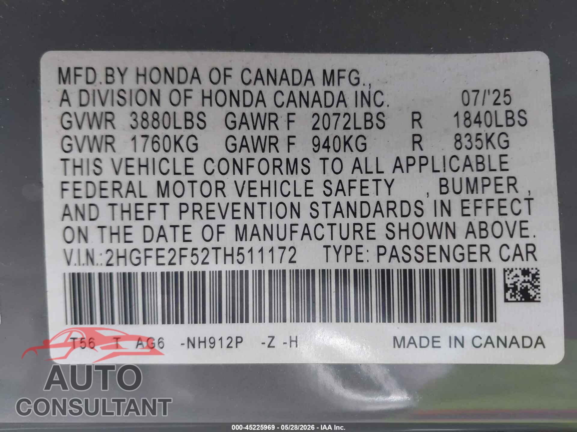 HONDA CIVIC 2026 - 2HGFE2F52TH511172