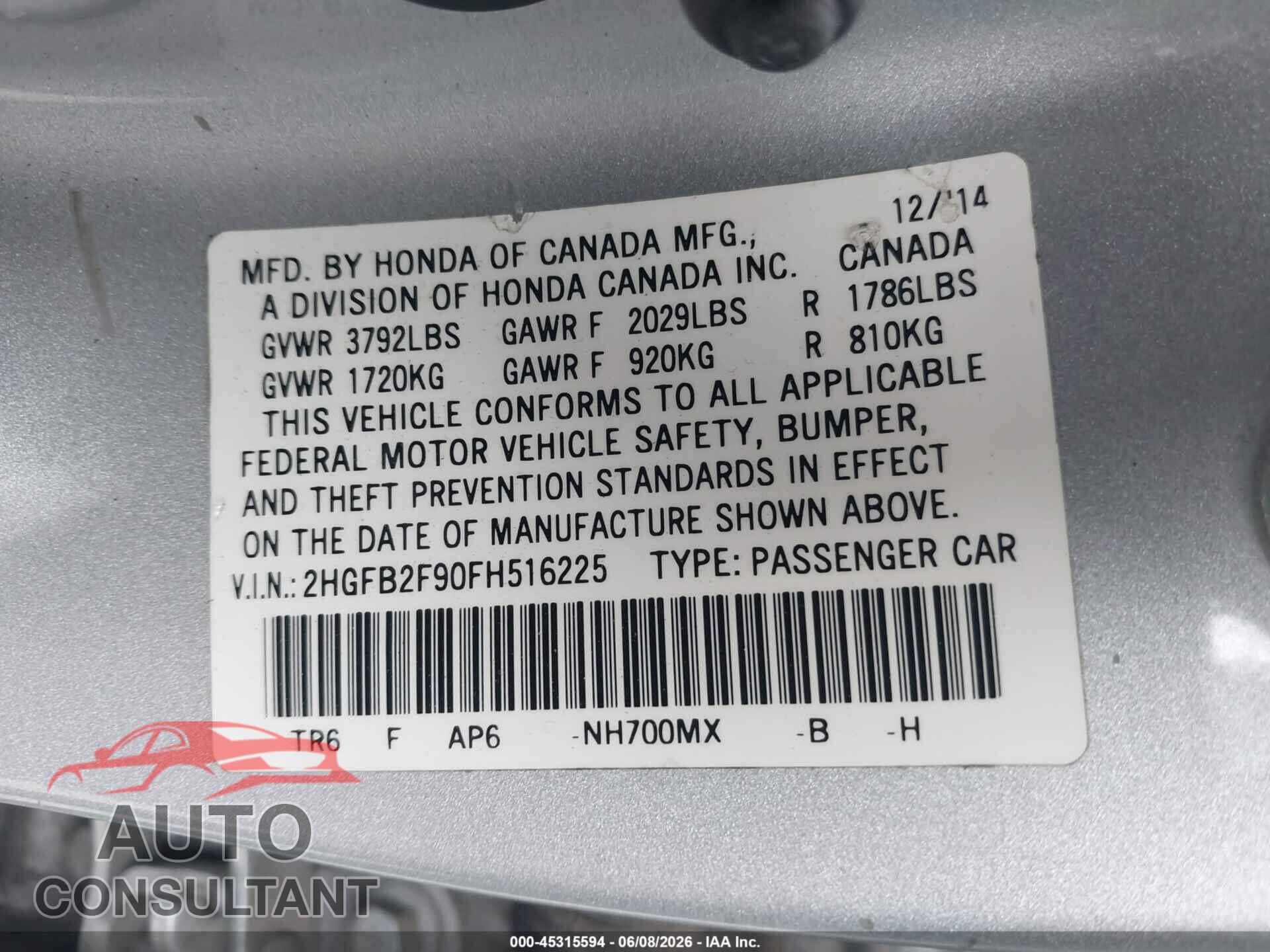 HONDA CIVIC 2015 - 2HGFB2F90FH516225