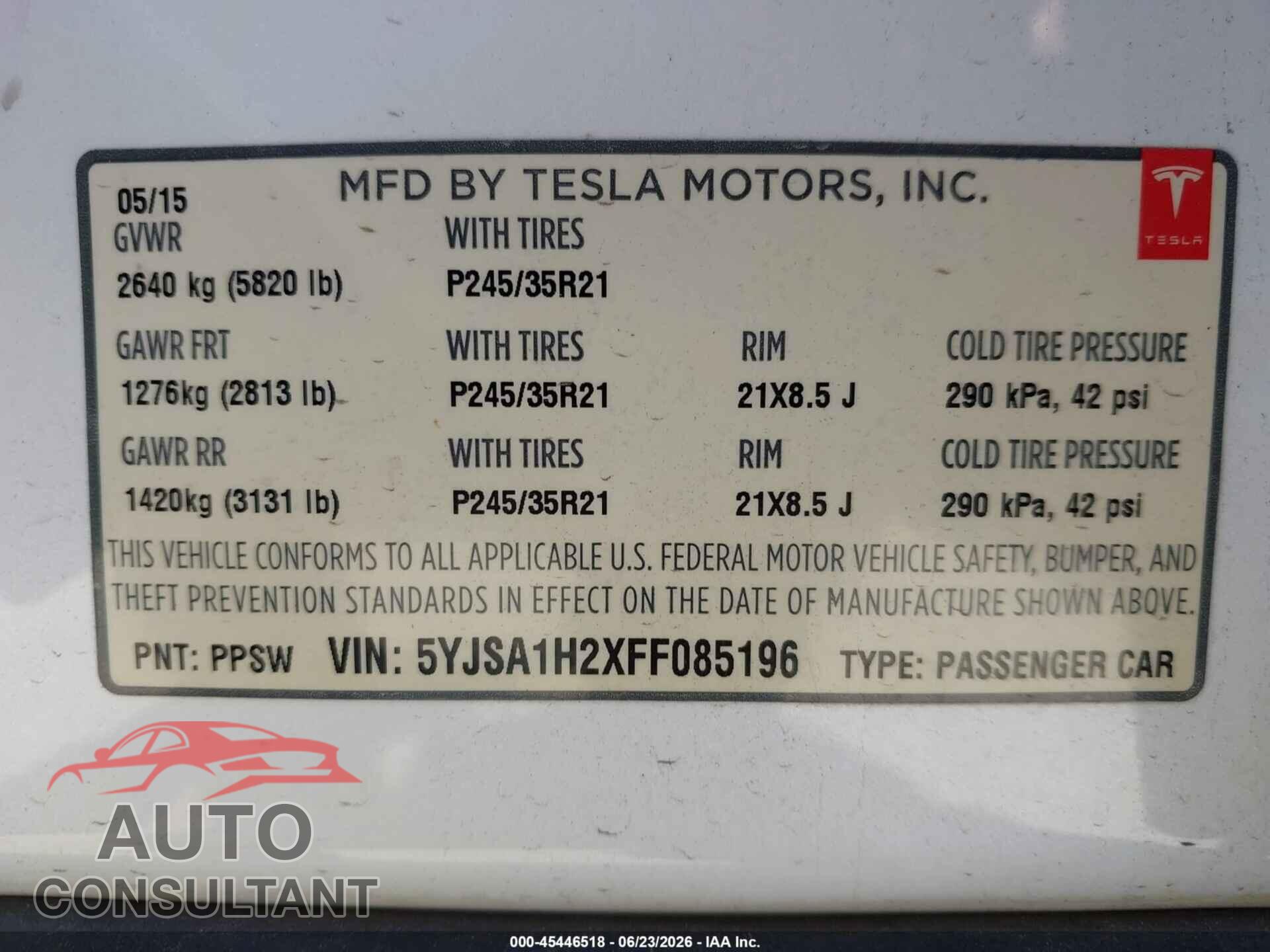 TESLA MODEL S 2015 - 5YJSA1H2XFF085196