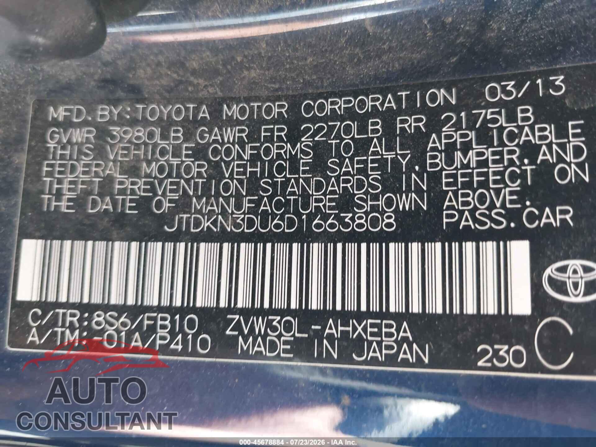TOYOTA PRIUS 2013 - JTDKN3DU6D1663808