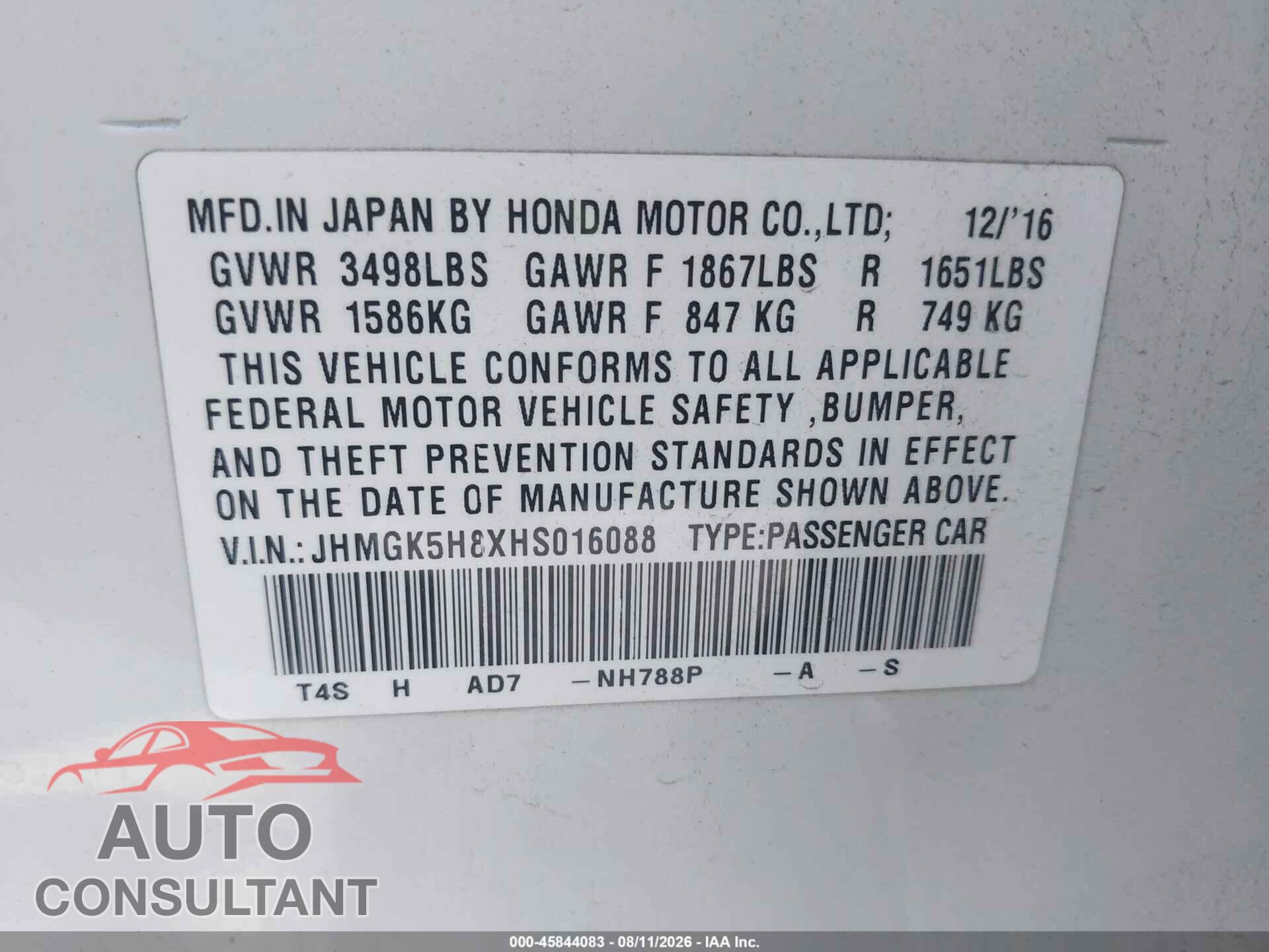 HONDA FIT 2017 - JHMGK5H8XHS016088