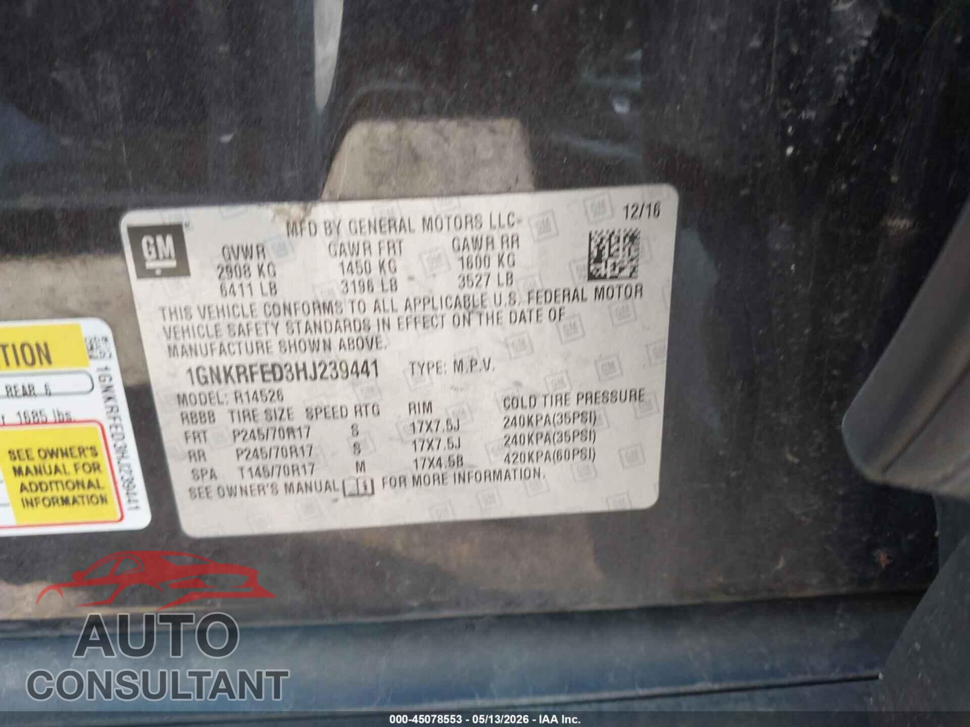 CHEVROLET TRAVERSE 2017 - 1GNKRFED3HJ239441