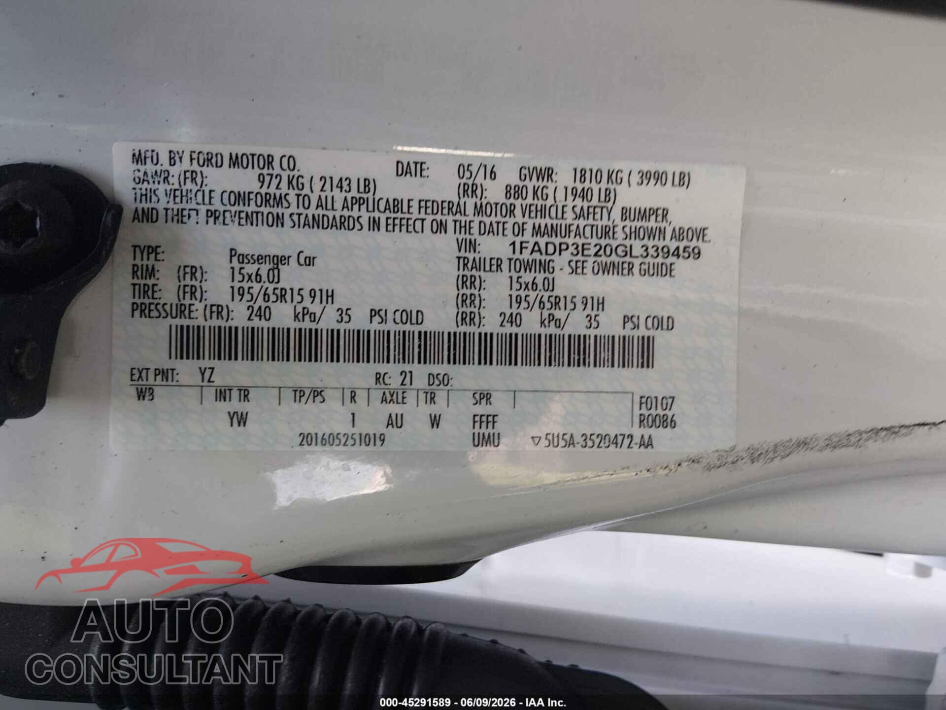 FORD FOCUS 2016 - 1FADP3E20GL339459