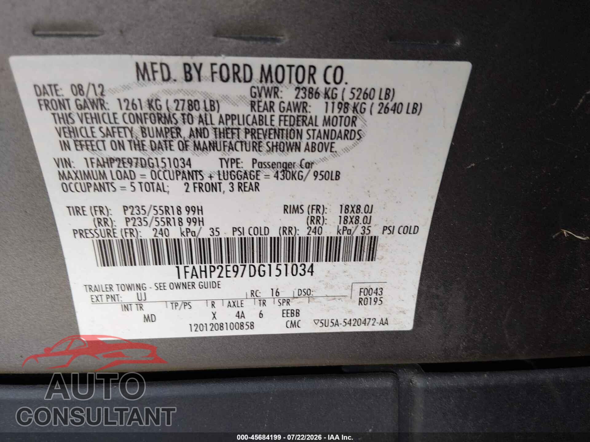 FORD TAURUS 2013 - 1FAHP2E97DG151034