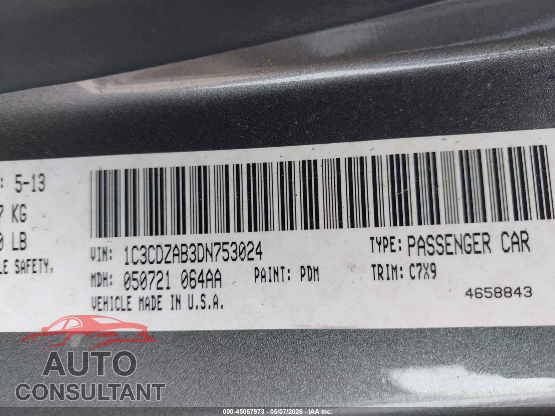 DODGE AVENGER 2013 - 1C3CDZAB3DN753024