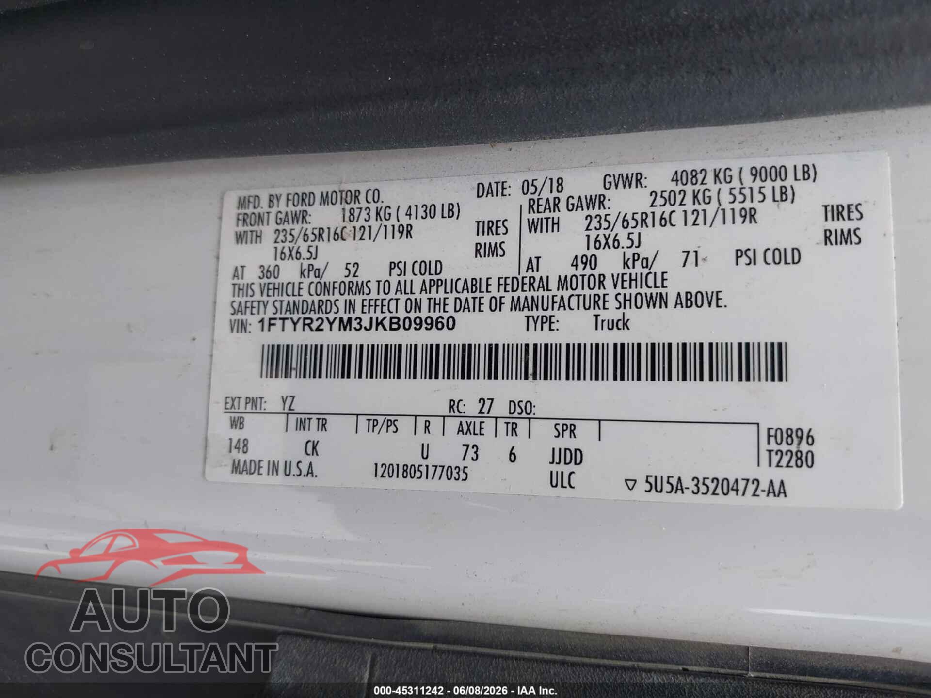 FORD TRANSIT-250 2018 - 1FTYR2YM3JKB09960