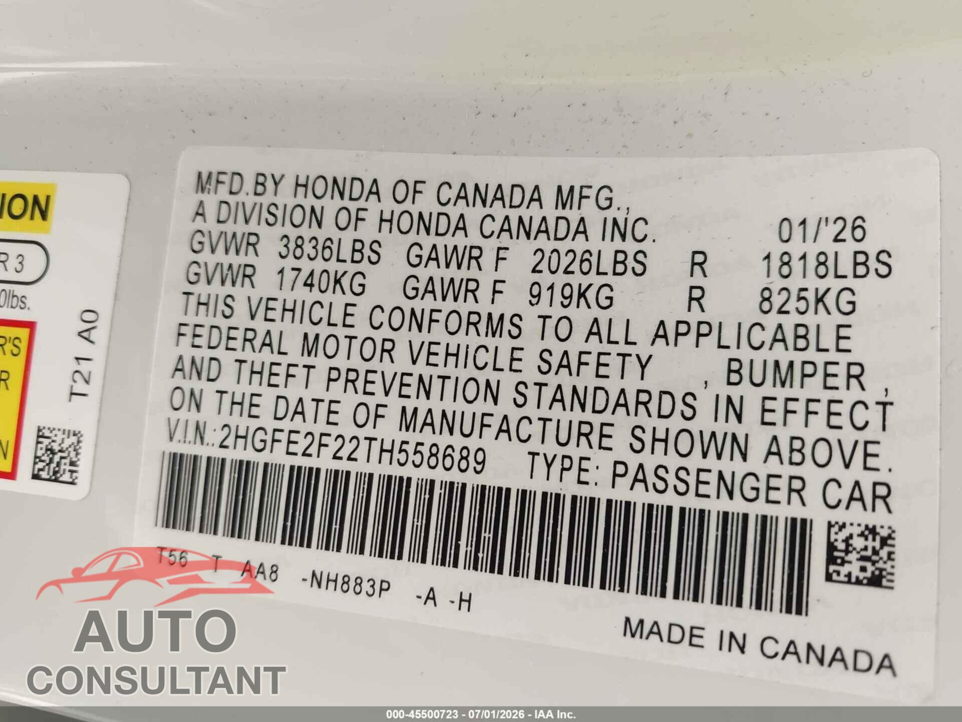 HONDA CIVIC 2026 - 2HGFE2F22TH558689