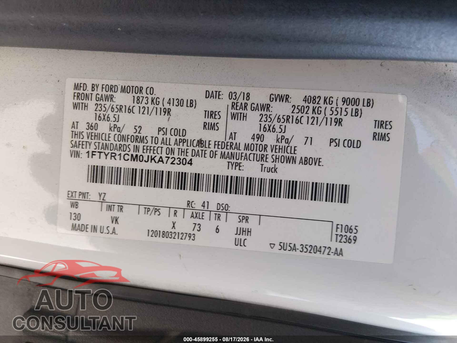FORD TRANSIT-250 2018 - 1FTYR1CM0JKA72304