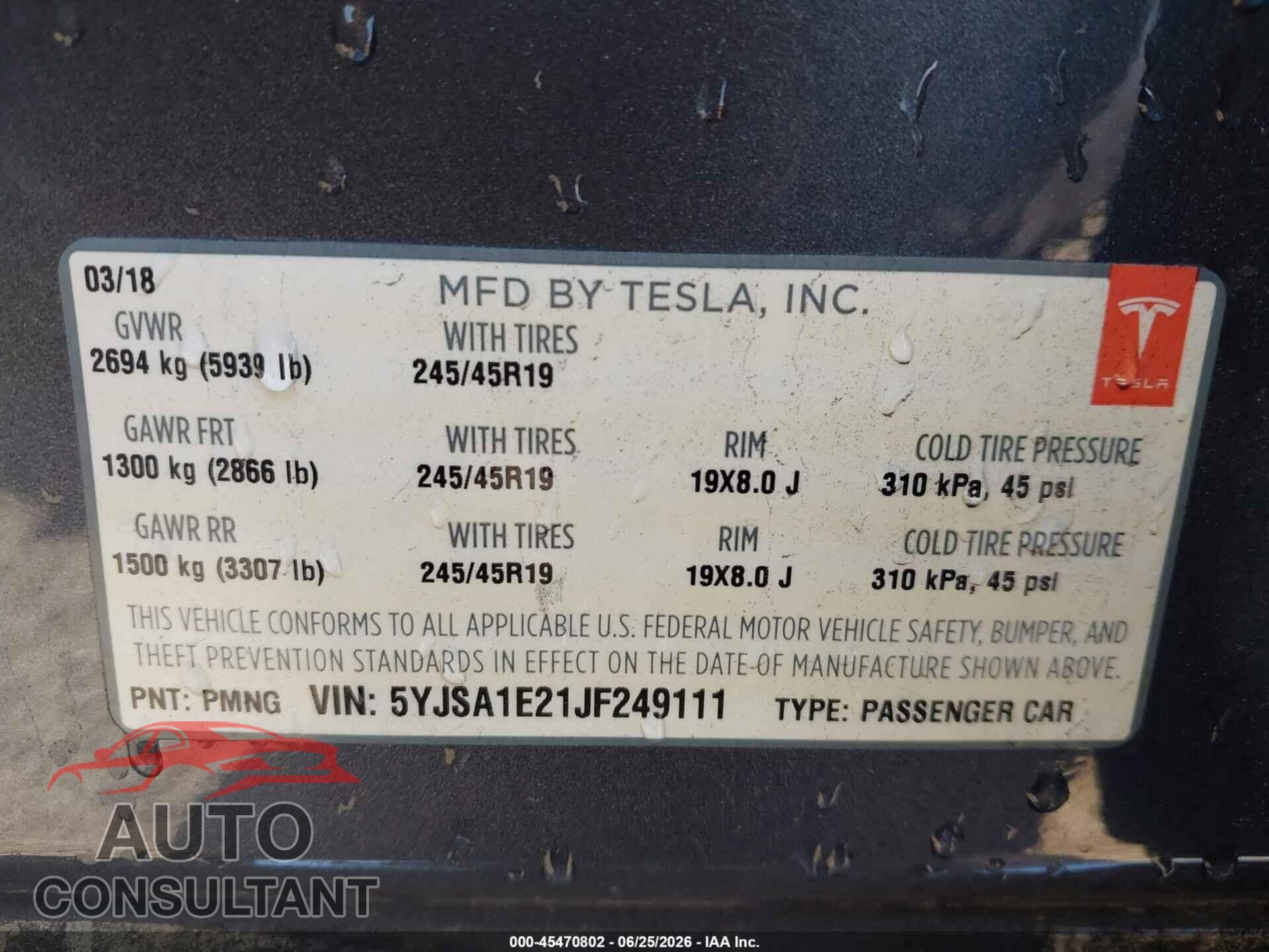 TESLA MODEL S 2018 - 5YJSA1E21JF249111