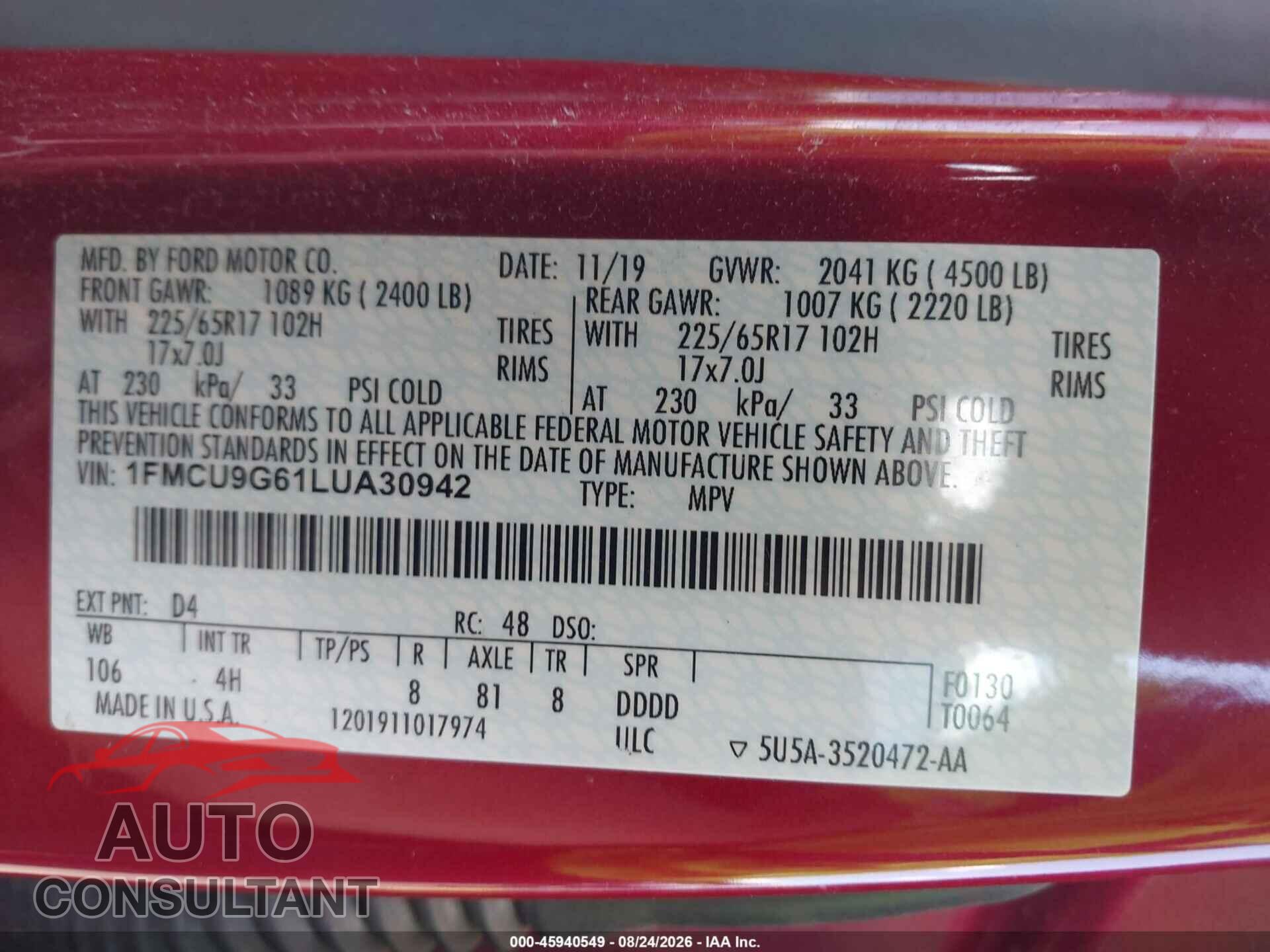 FORD ESCAPE 2020 - 1FMCU9G61LUA30942