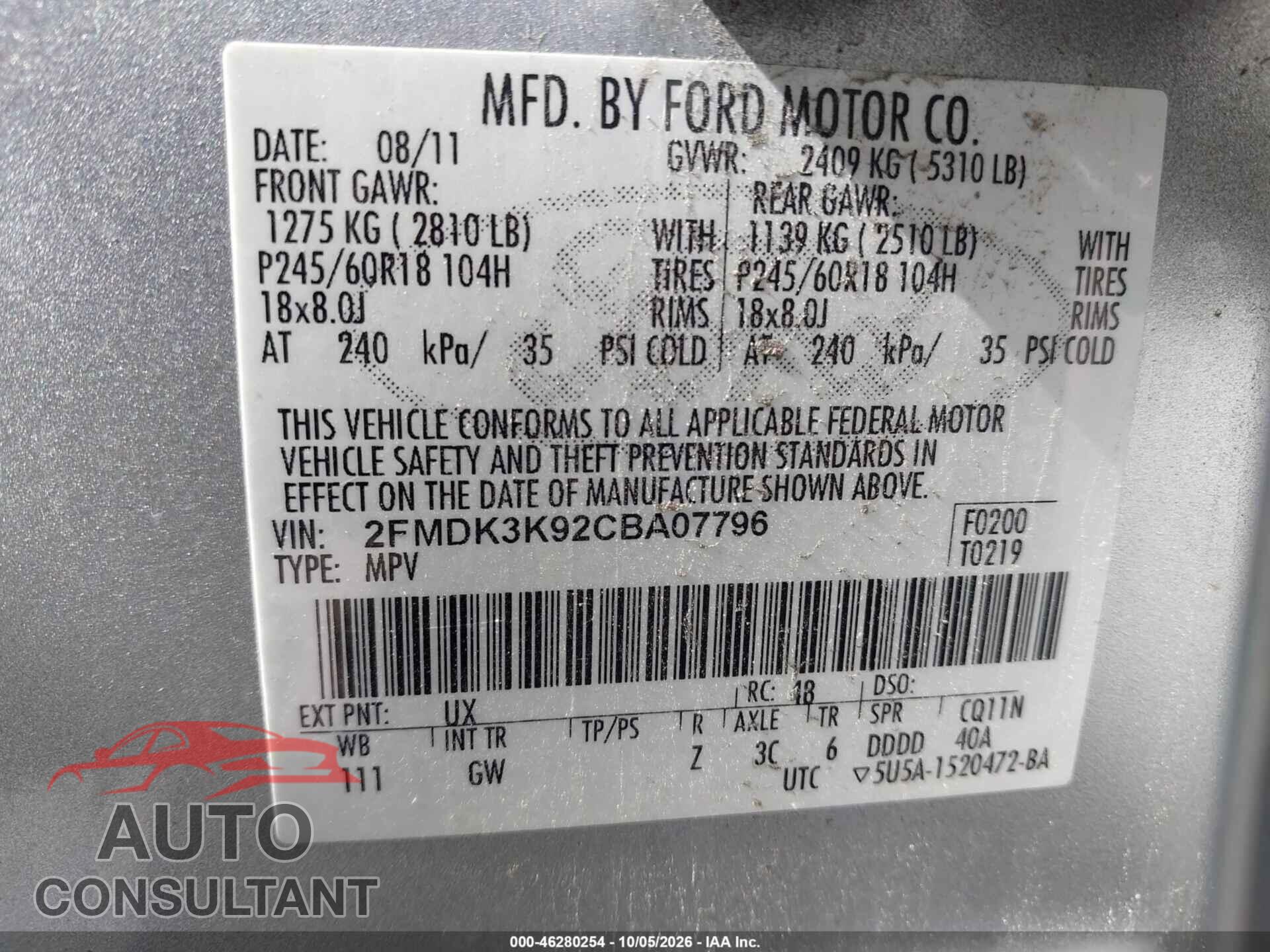 FORD EDGE 2012 - 2FMDK3K92CBA07796