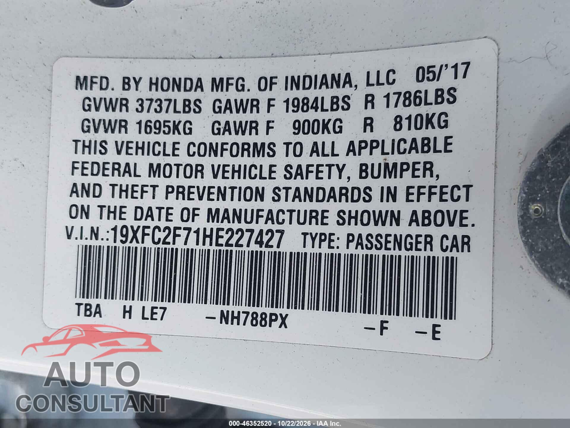 HONDA CIVIC 2017 - 19XFC2F71HE227427