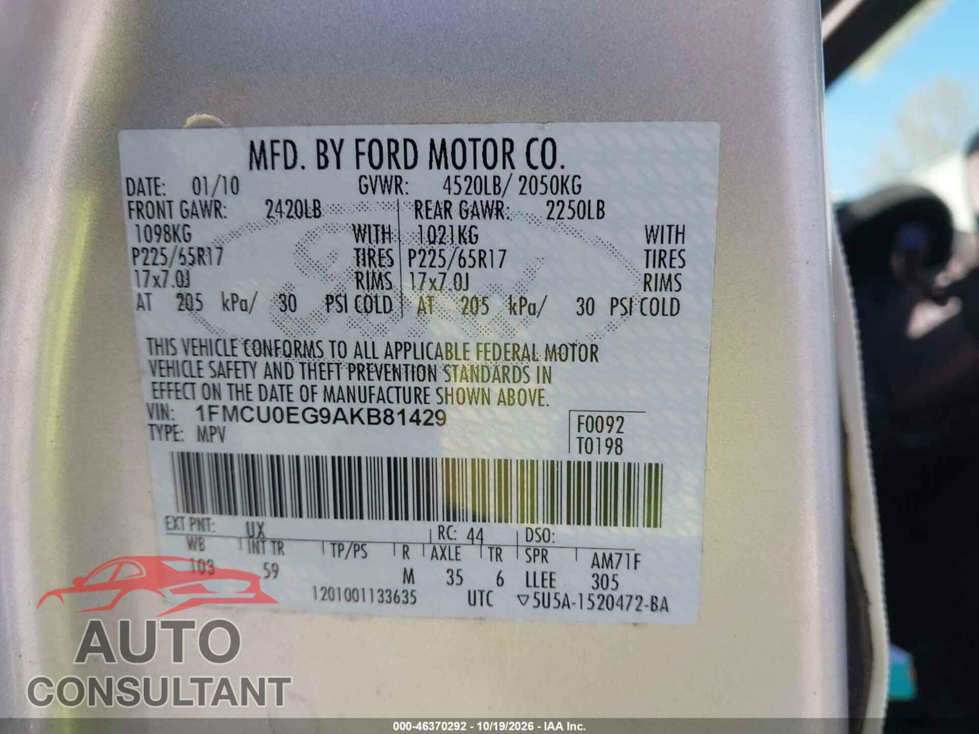 FORD ESCAPE 2010 - 1FMCU0EG9AKB81429
