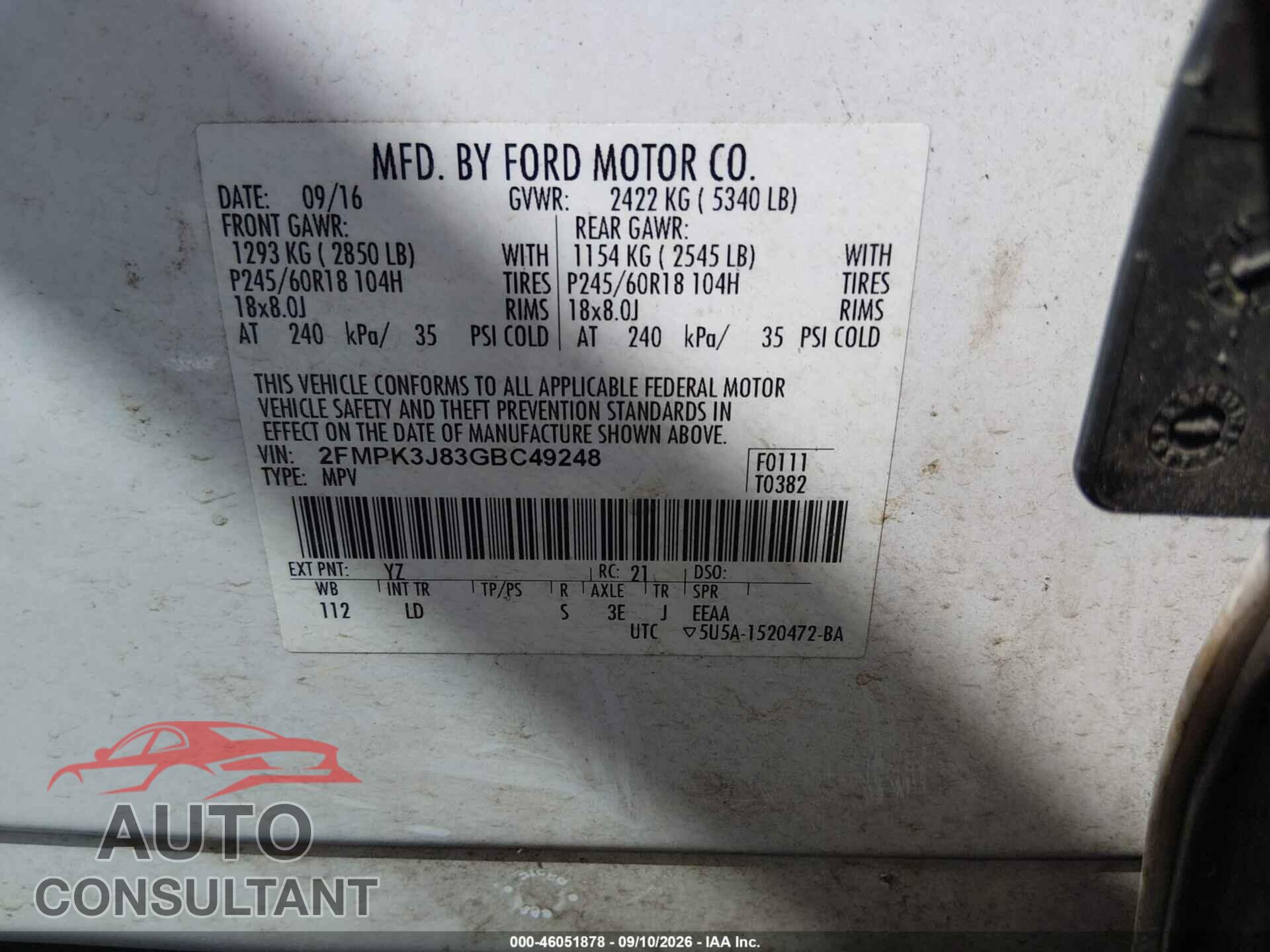 FORD EDGE 2016 - 2FMPK3J83GBC49248