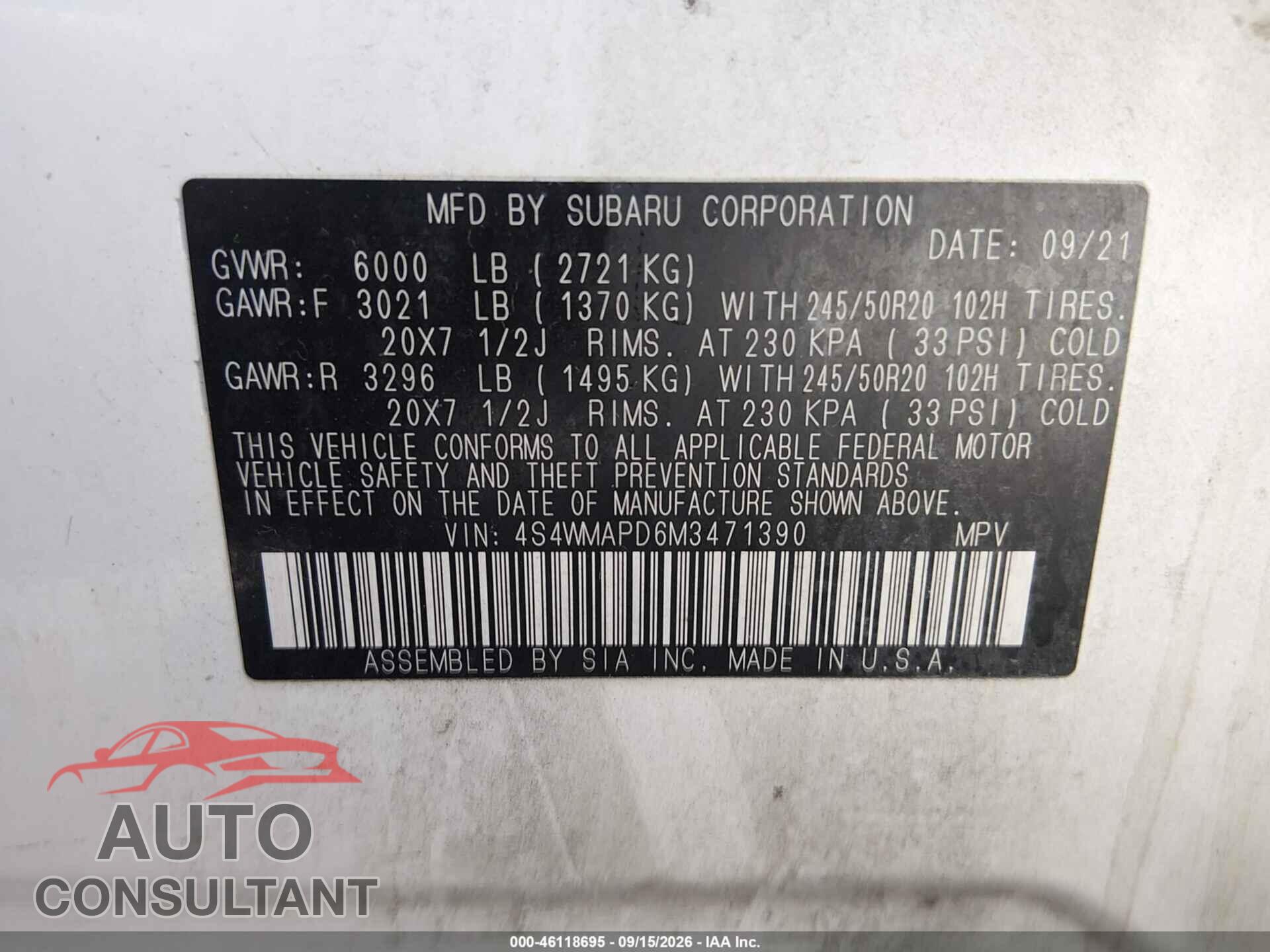 SUBARU ASCENT 2021 - 4S4WMAPD6M3471390