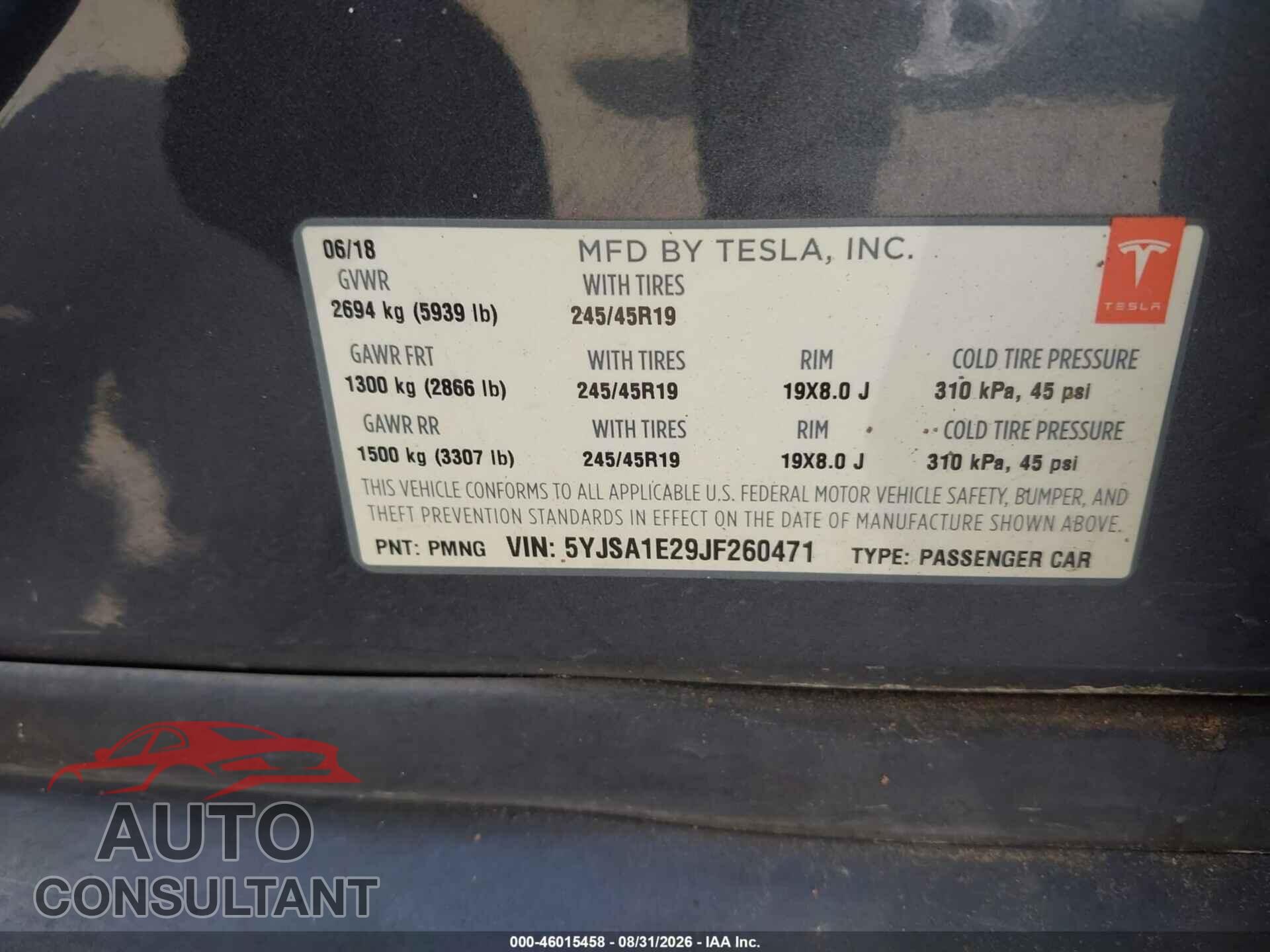TESLA MODEL S 2018 - 5YJSA1E29JF260471