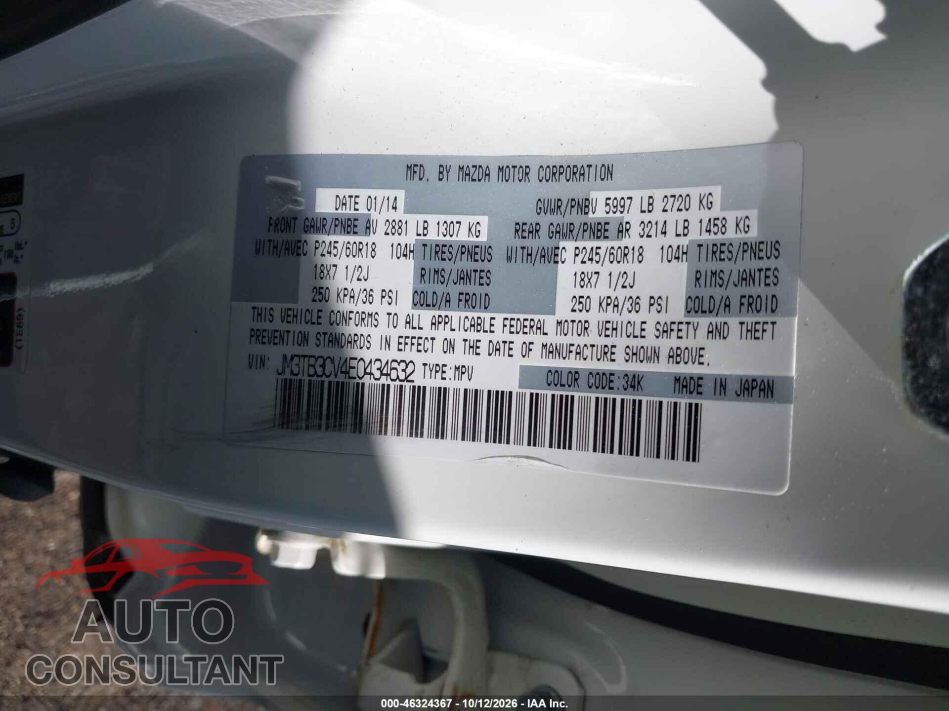 MAZDA CX-9 2014 - JM3TB3CV4E0434632