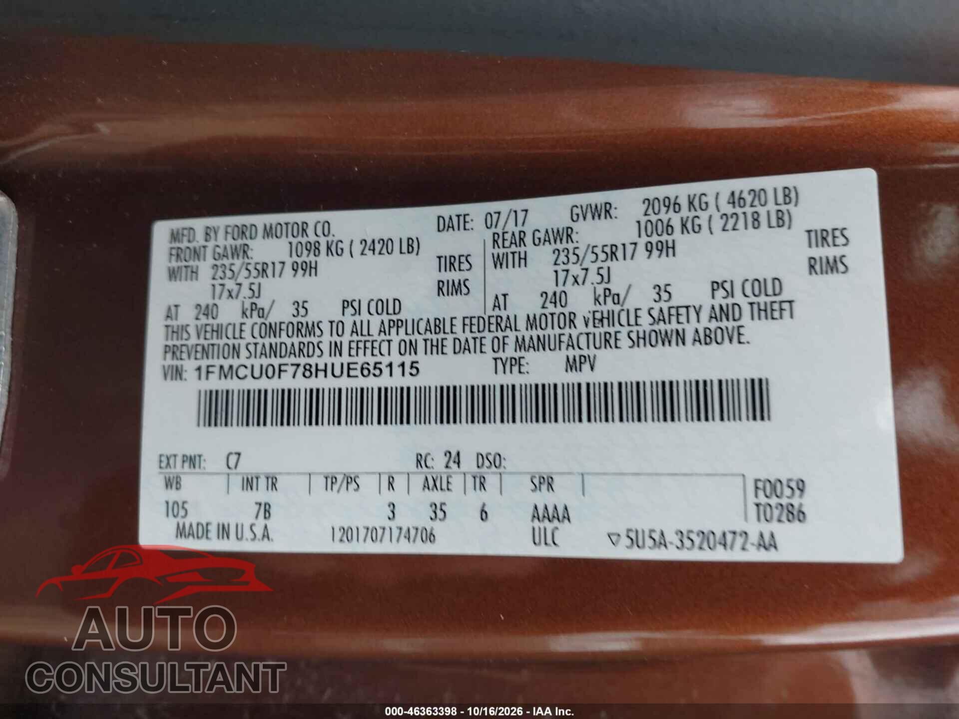 FORD ESCAPE 2017 - 1FMCU0F78HUE65115