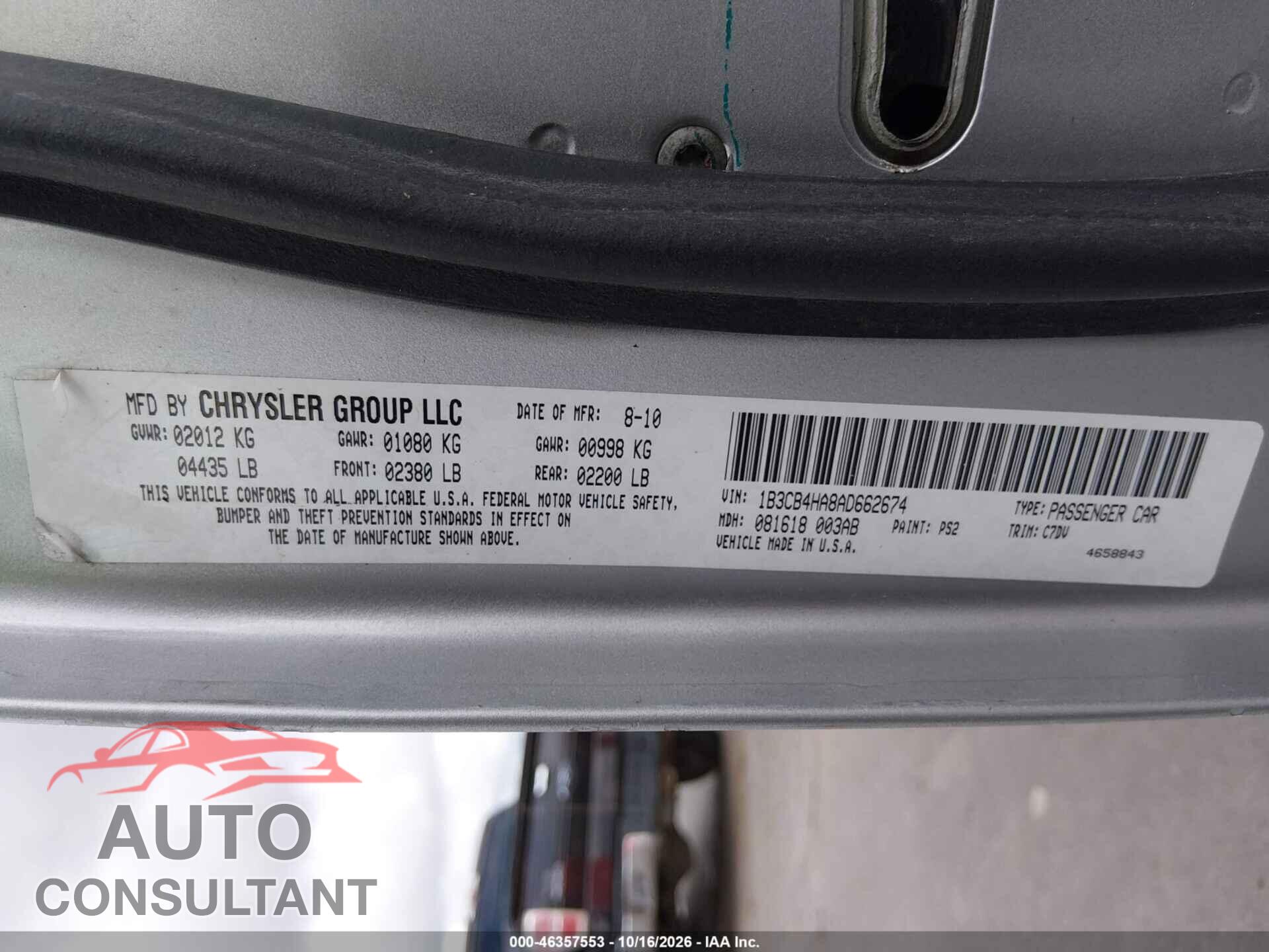 DODGE CALIBER 2010 - 1B3CB4HA8AD662674