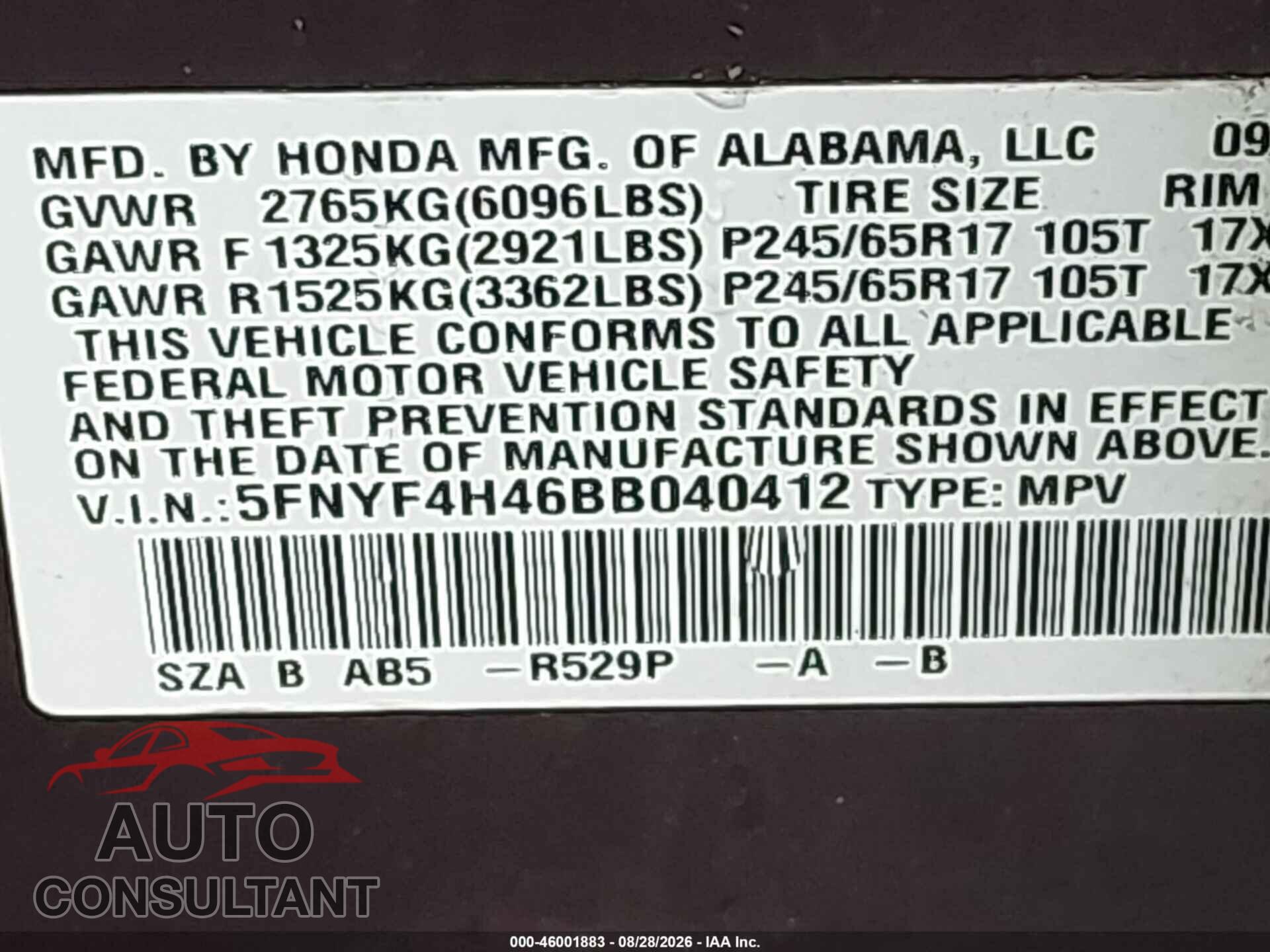 HONDA PILOT 2011 - 5FNYF4H46BB040412