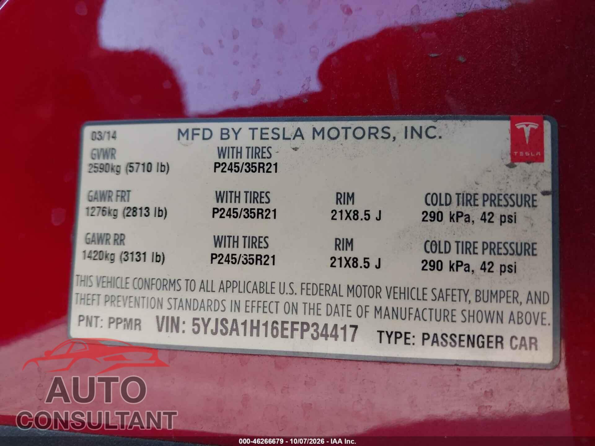 TESLA MODEL S 2014 - 5YJSA1H16EFP34417