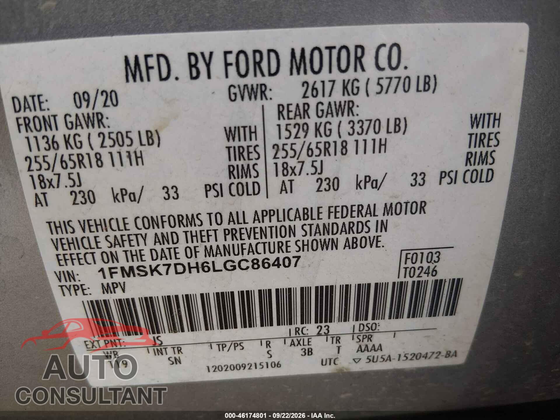 FORD EXPLORER 2020 - 1FMSK7DH6LGC86407