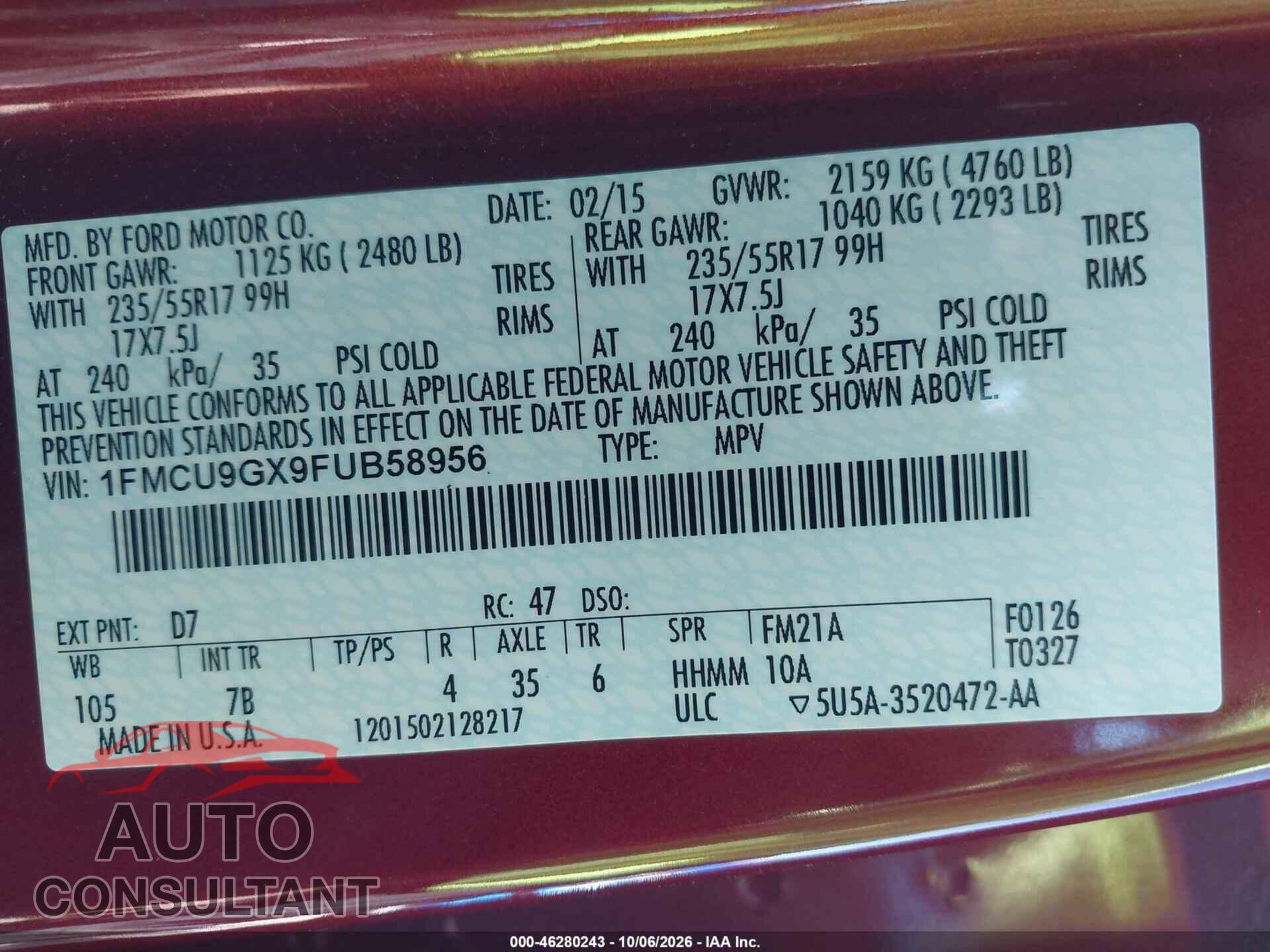 FORD ESCAPE 2015 - 1FMCU9GX9FUB58956