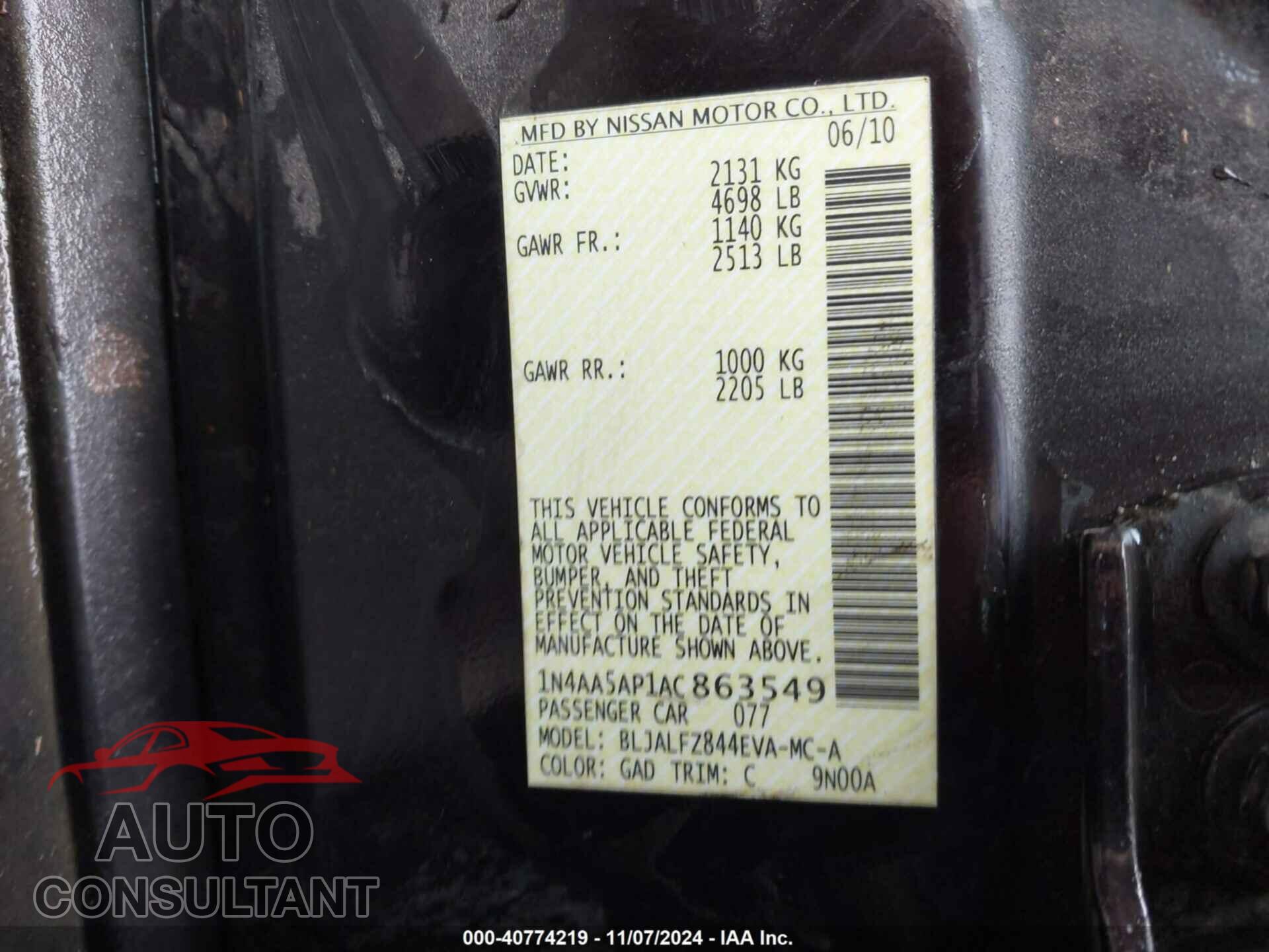 NISSAN MAXIMA 2010 - 1N4AA5AP1AC863549