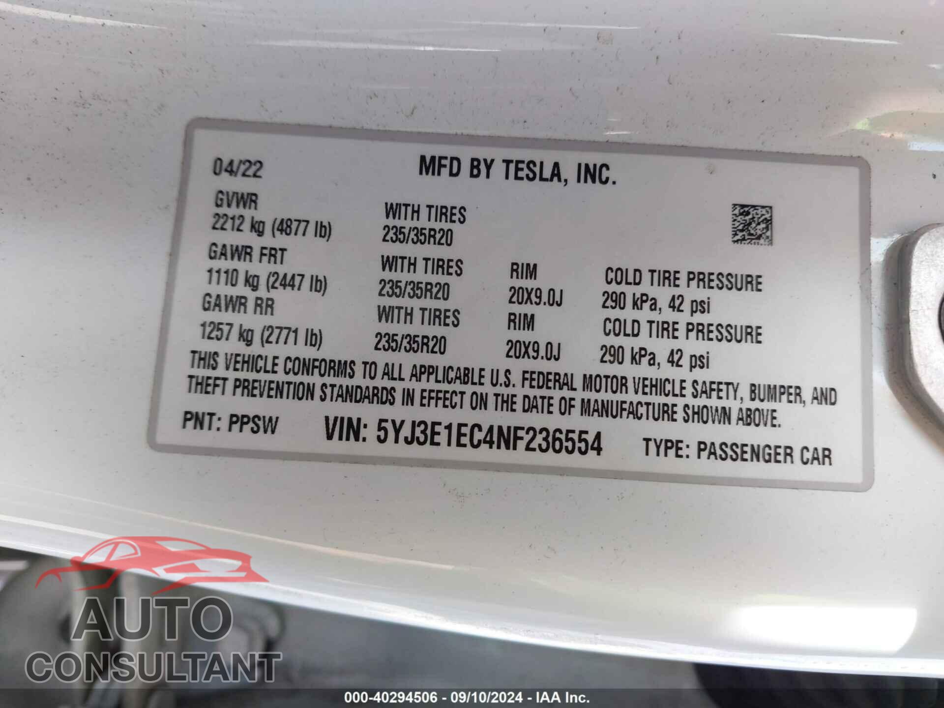 TESLA MODEL 3 2022 - 5YJ3E1EC4NF236554
