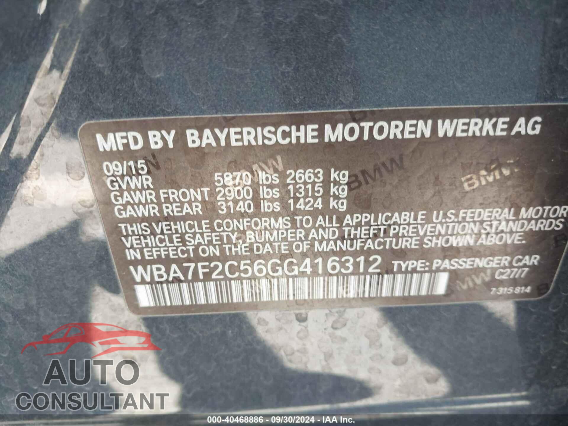 BMW 750I 2016 - WBA7F2C56GG416312
