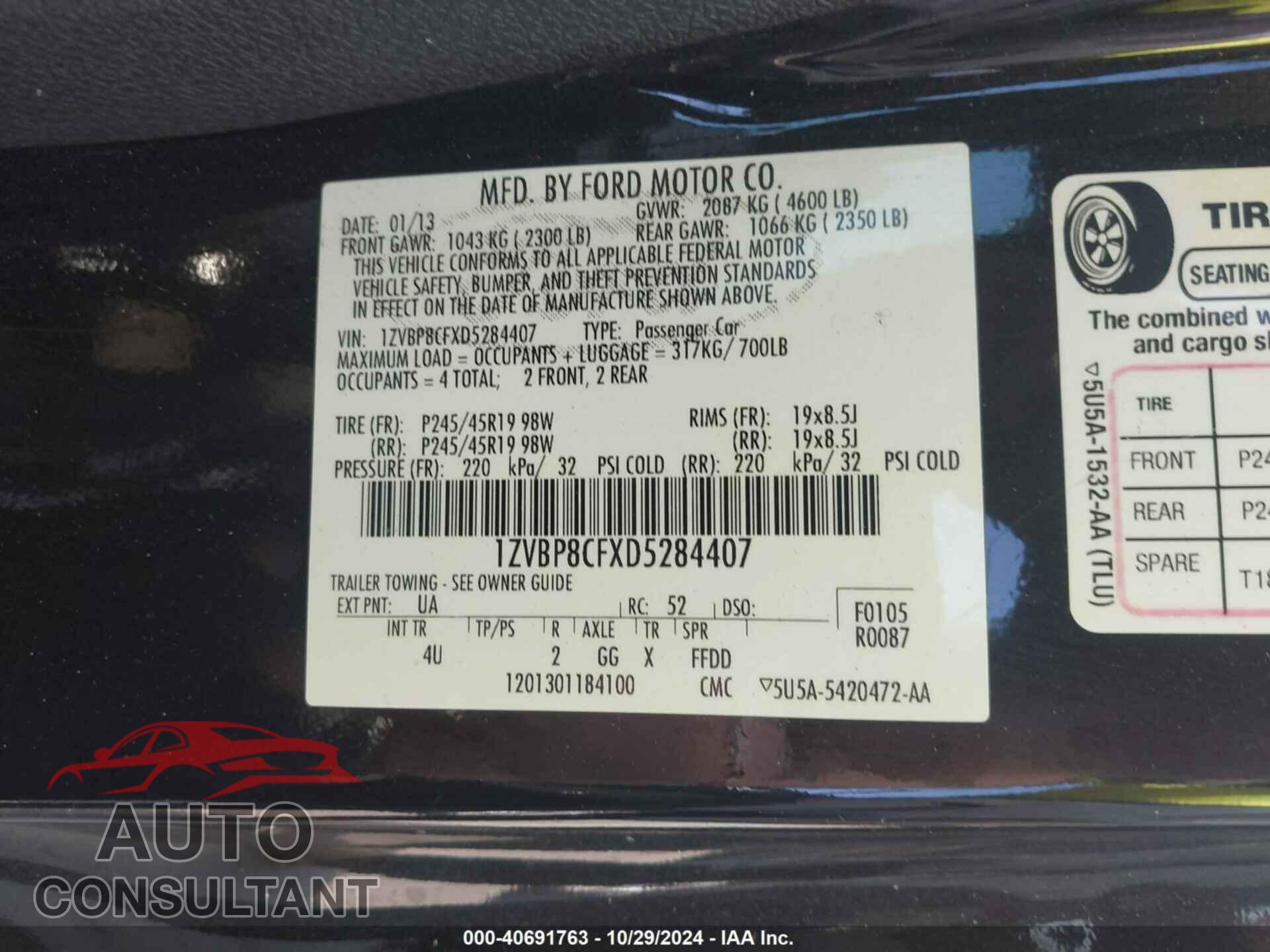 FORD MUSTANG 2013 - 1ZVBP8CFXD5284407