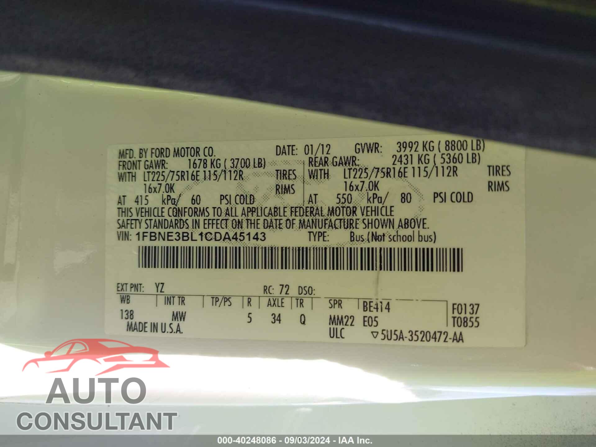FORD E-350 SUPER DUTY 2012 - 1FBNE3BL1CDA45143