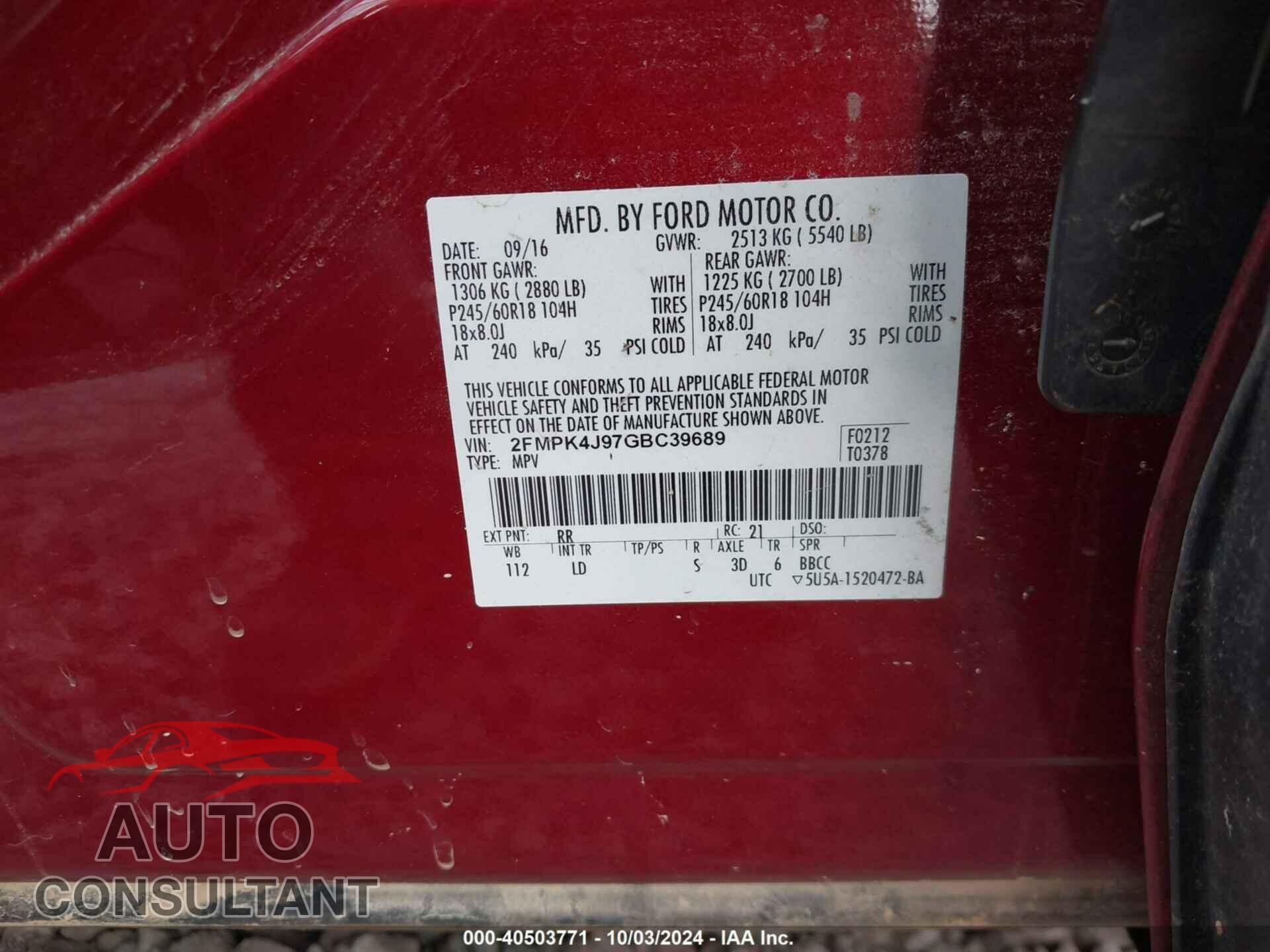 FORD EDGE 2016 - 2FMPK4J97GBC39689