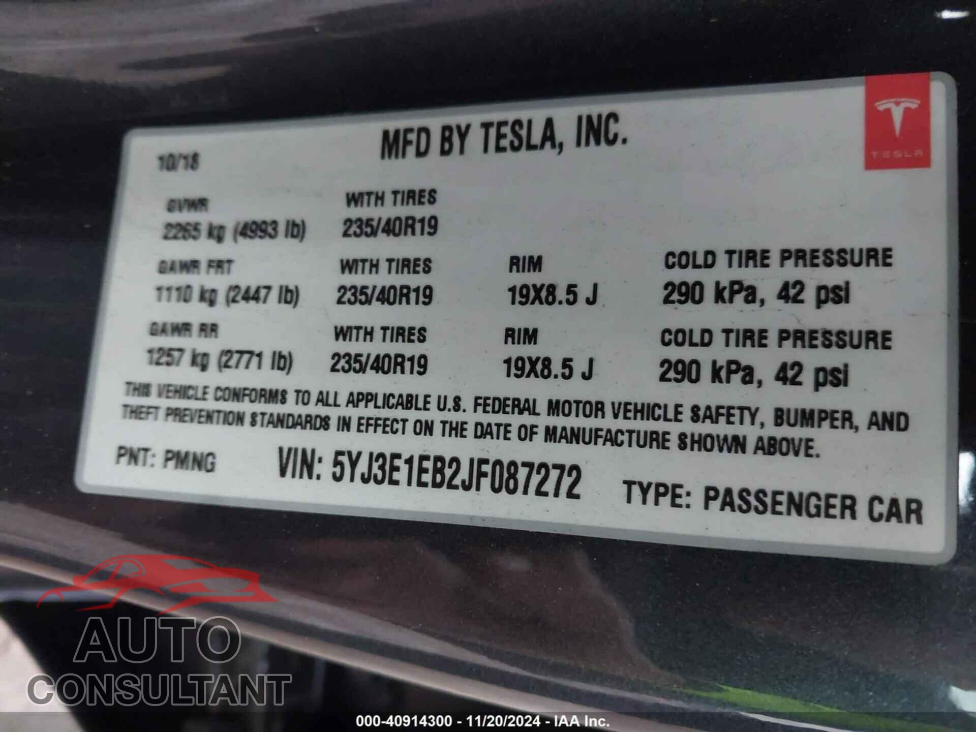 TESLA MODEL 3 2018 - 5YJ3E1EB2JF087272