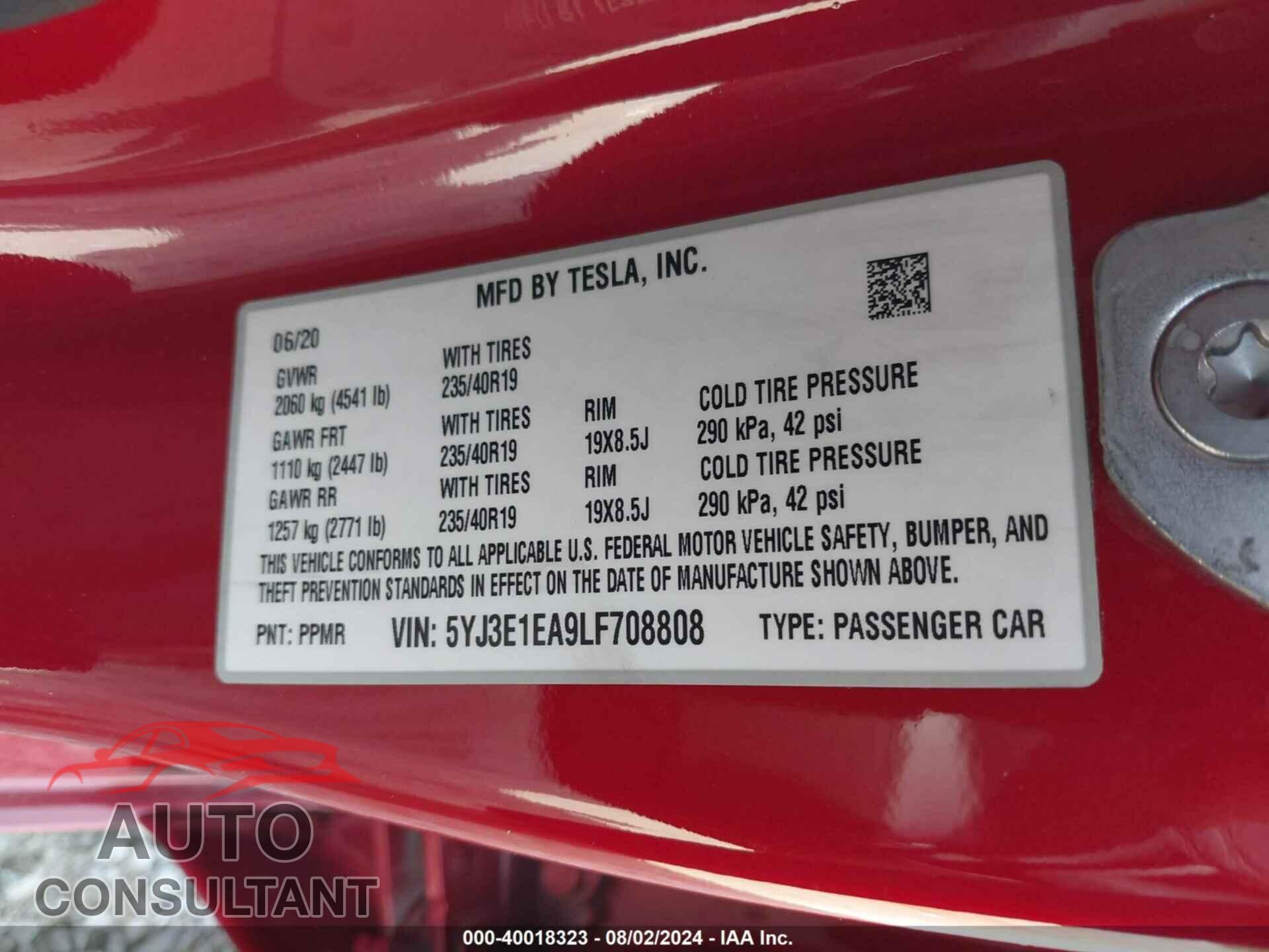 TESLA MODEL 3 2020 - 5YJ3E1EA9LF708808