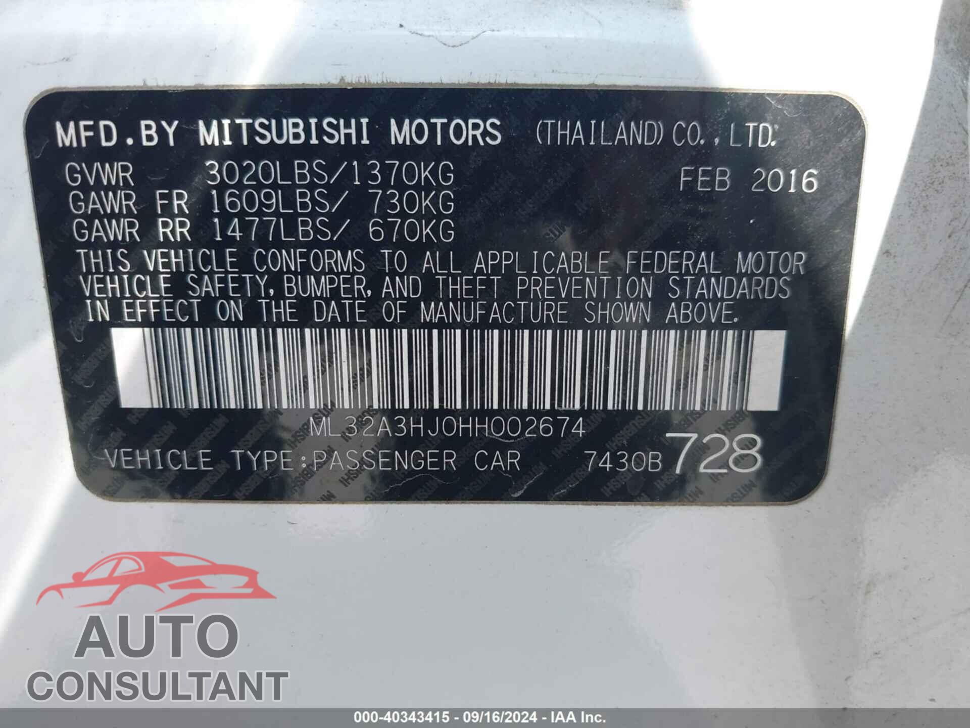 MITSUBISHI MIRAGE 2017 - ML32A3HJ0HH002674