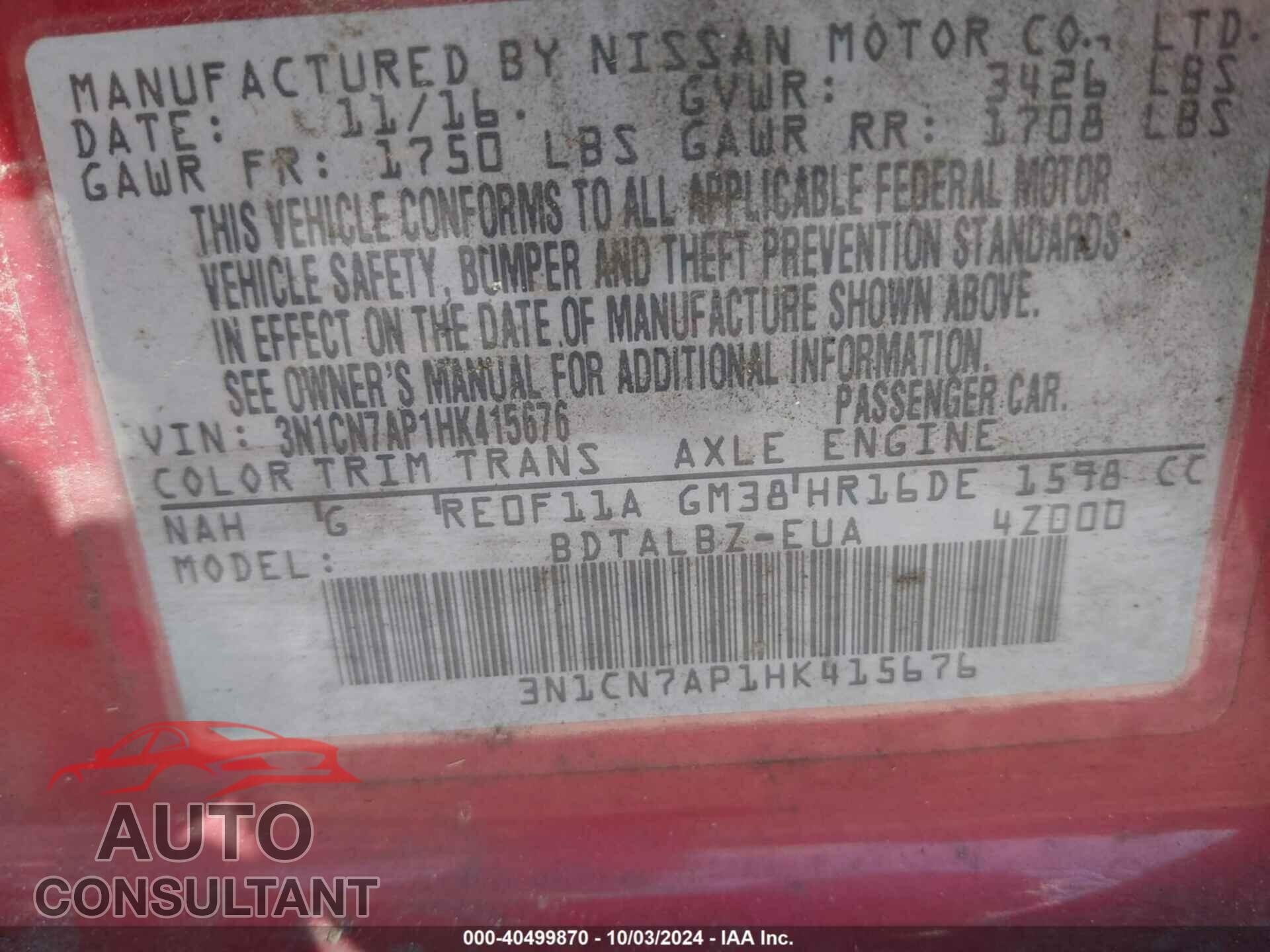 NISSAN VERSA 2017 - 3N1CN7AP1HK415676